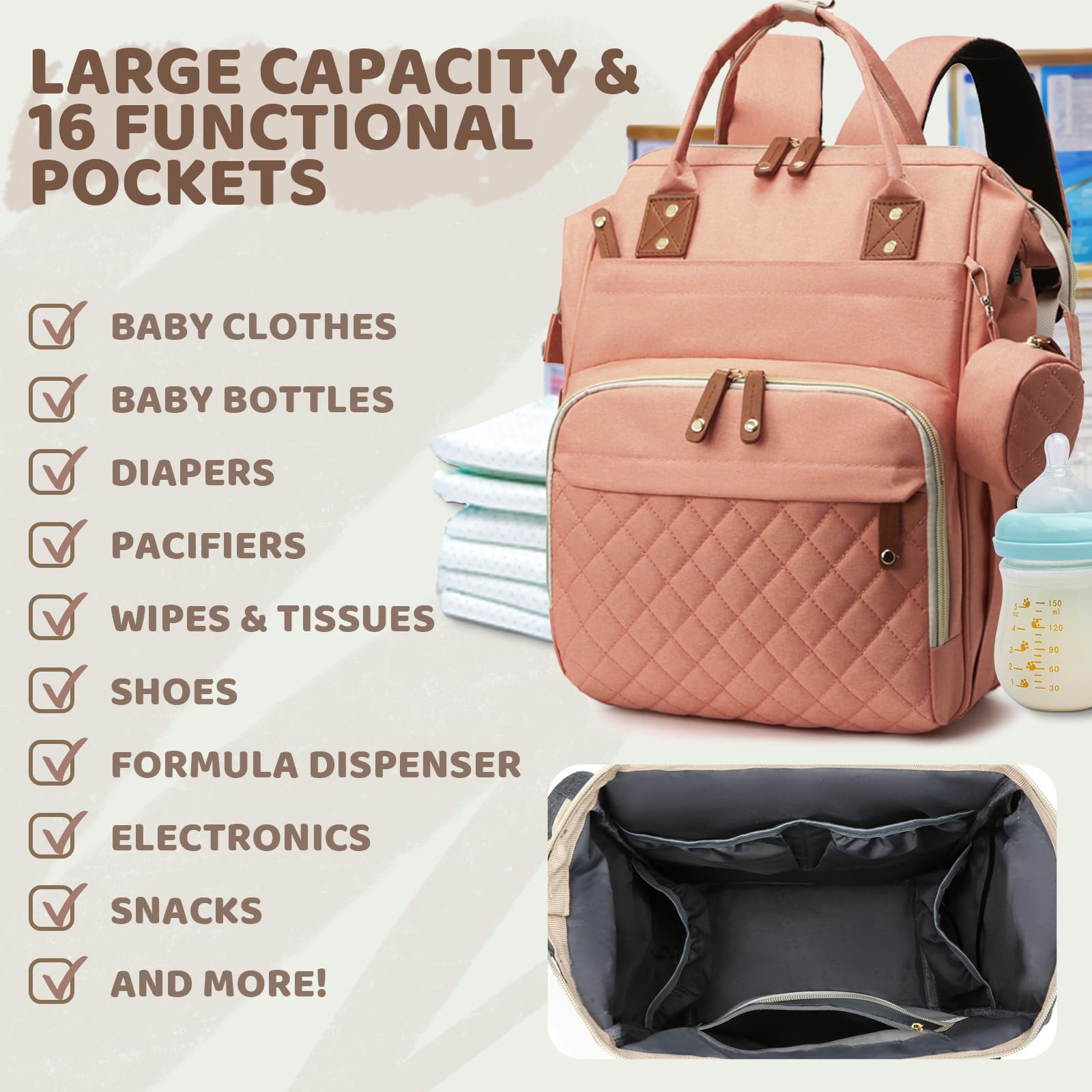 Noiclub diaper bag backpack with premium waterproof changing pad for quick diaper changes.