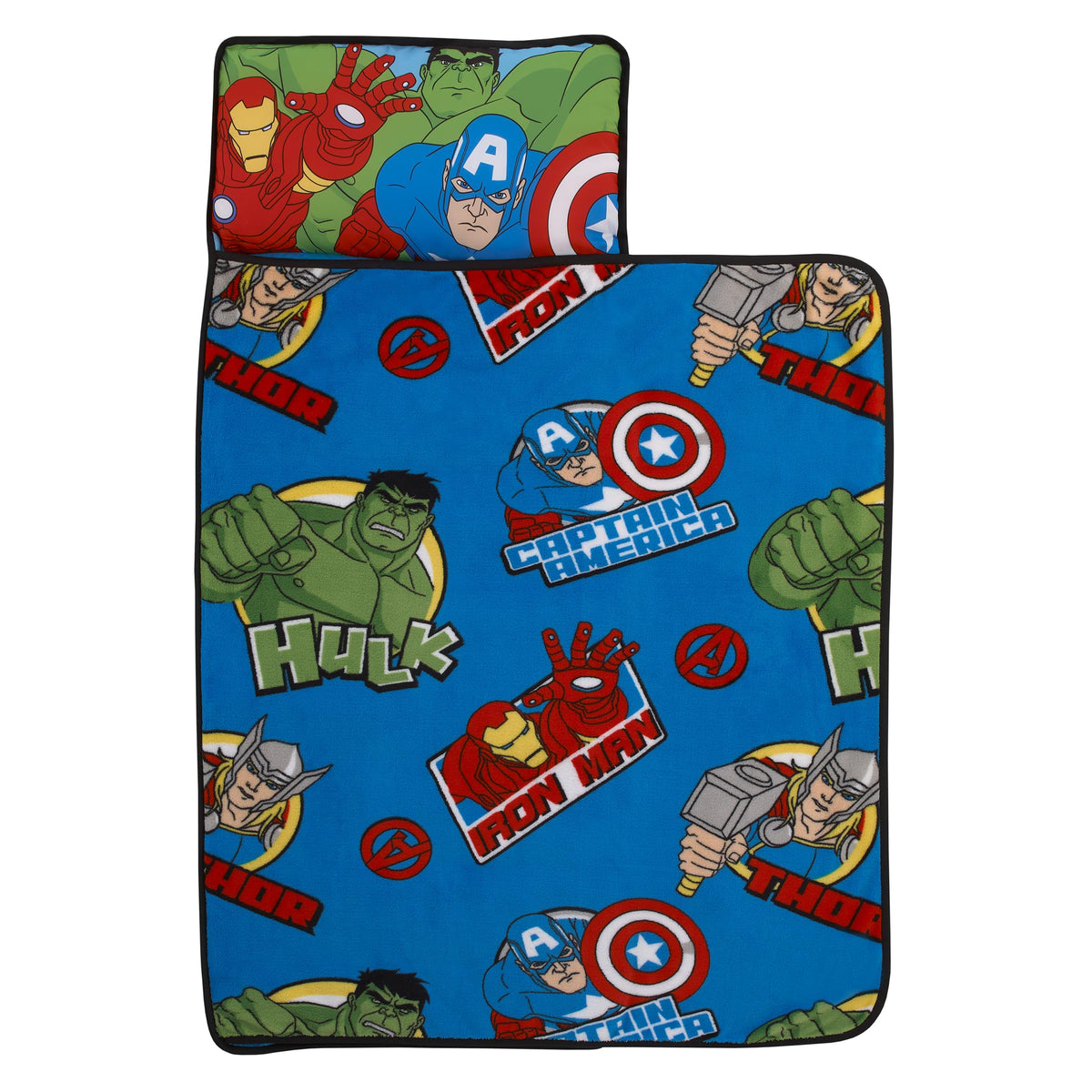 NoJo Avengers toddler nap mat front view with bold colors for easy daycare recognition.
