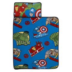 NoJo Avengers toddler nap mat front view with bold colors for easy daycare recognition.