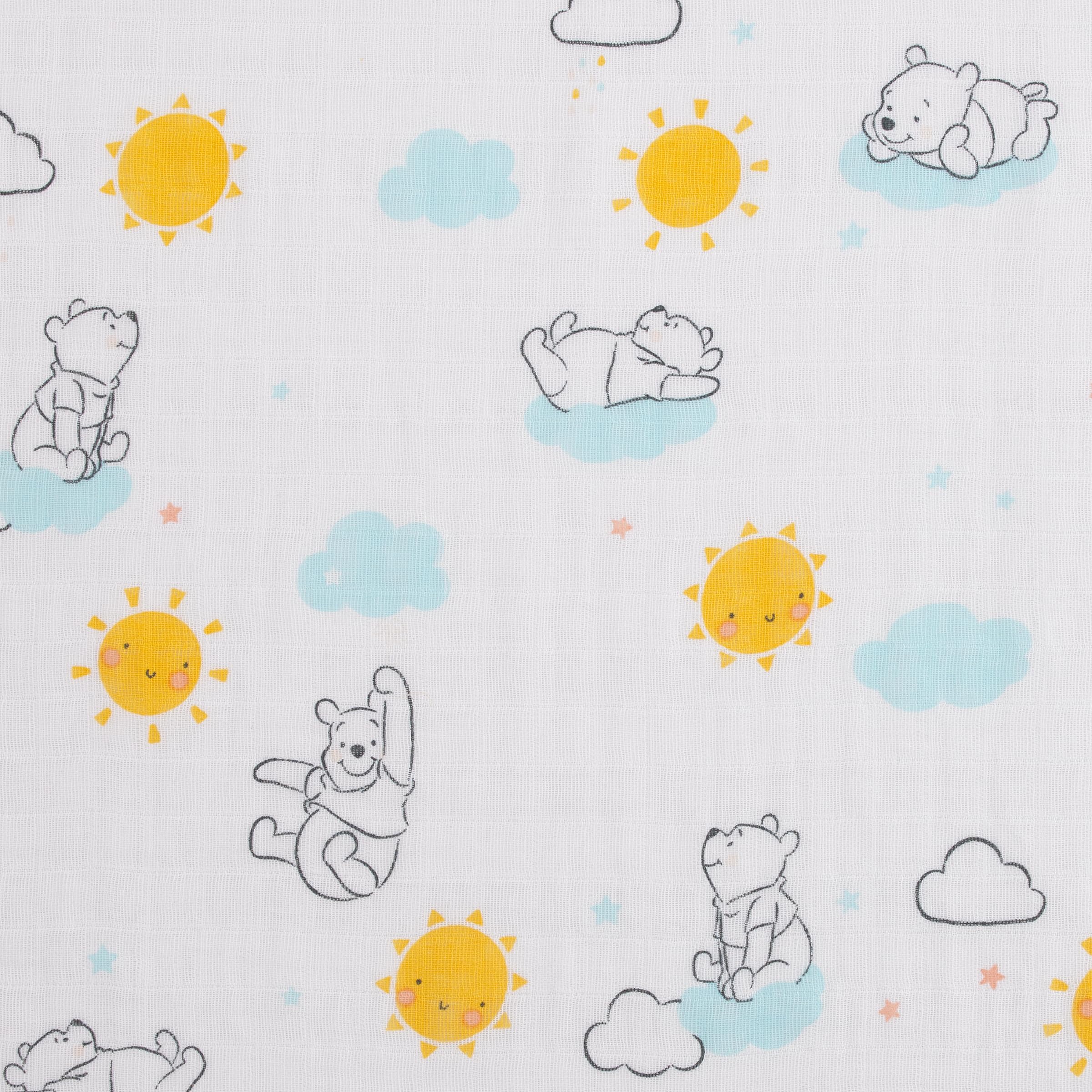 NoJo Pooh cloud pattern swaddle adds a dreamy motif for care routines.