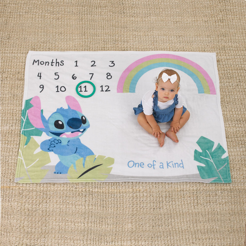 NoJo Disney Stitch Milestone Blanket's plush fabric and 40x50 size suit cuddling and photos.