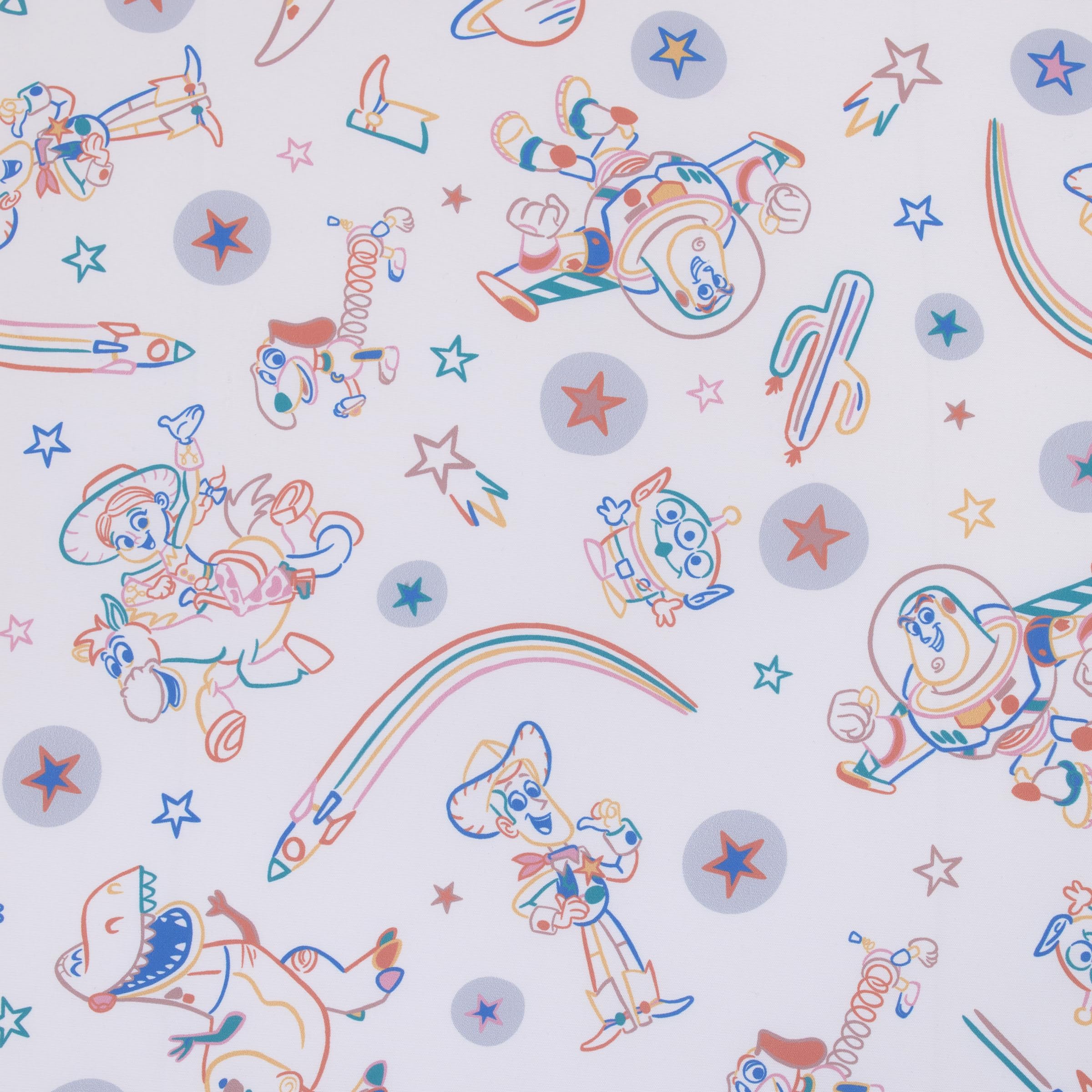 NoJo Toy Story Jessie with stars and rockets inspires playtime on a soft crib sheet.
