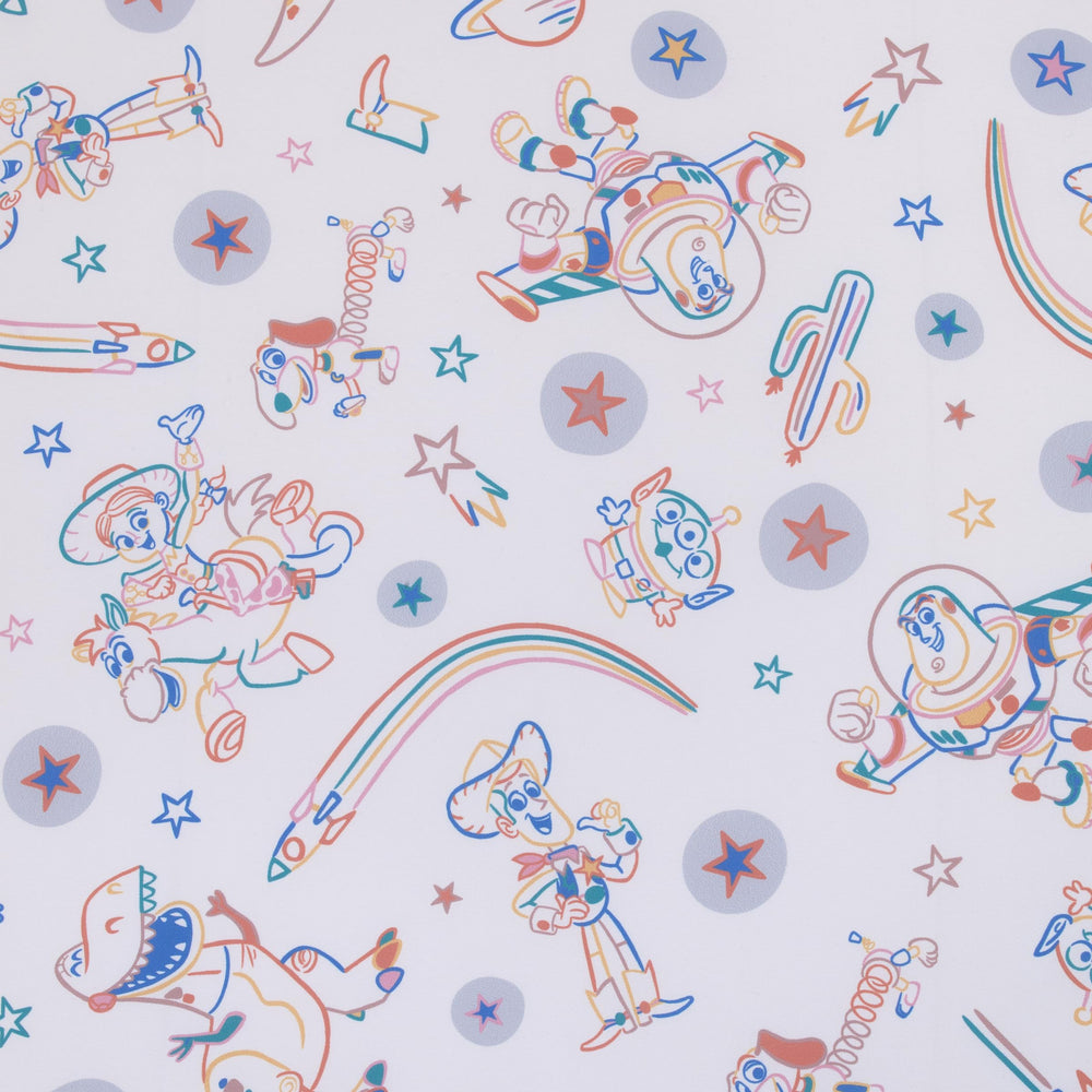 NoJo Toy Story Jessie with stars and rockets inspires playtime on a soft crib sheet.