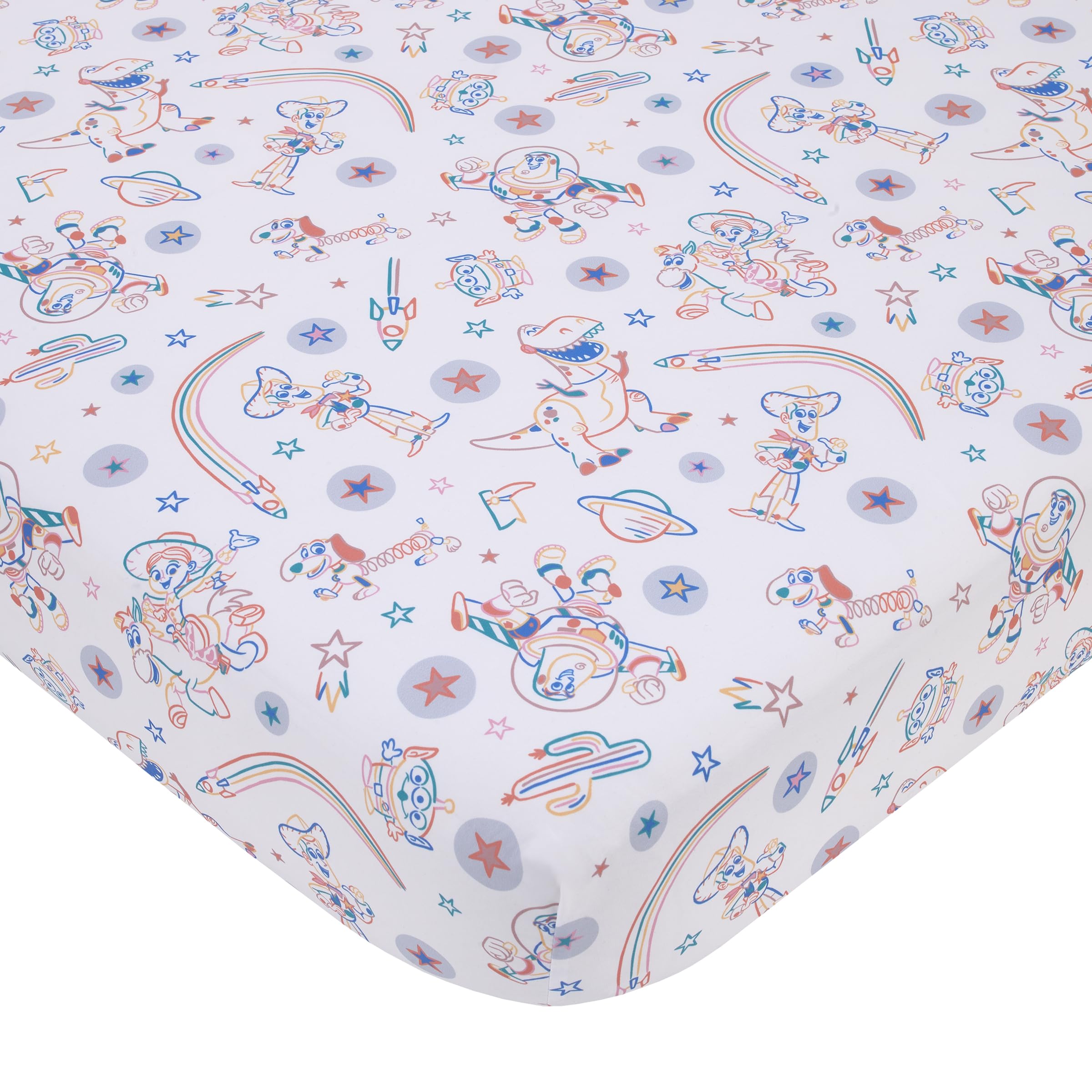 NoJo Disney Toy Story Woody and Buzz crib sheet with secure elastic edges for a snug fit.