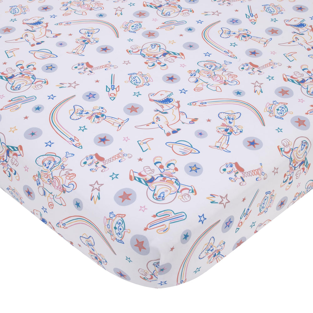 NoJo Disney Toy Story Woody and Buzz crib sheet with secure elastic edges for a snug fit.