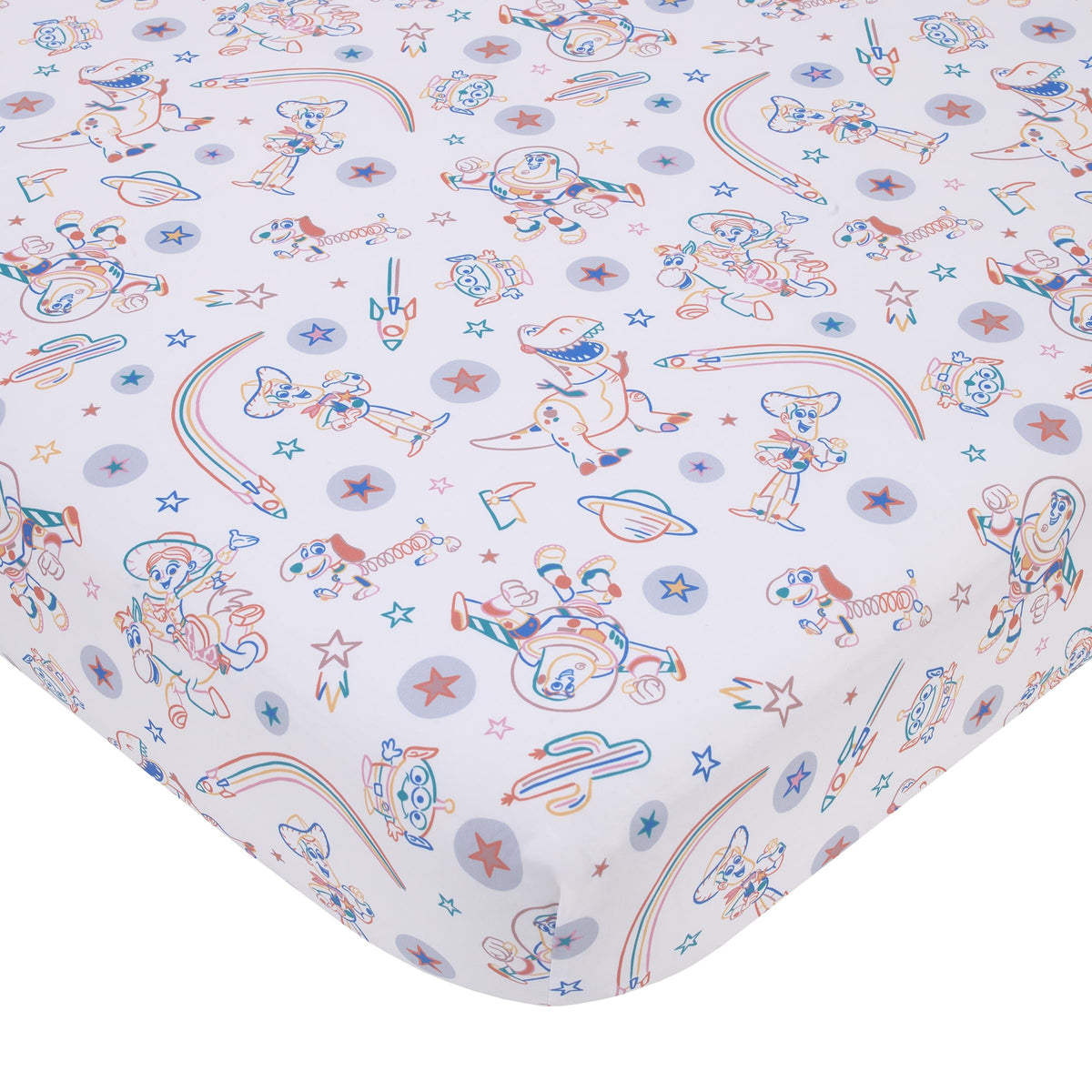 NoJo Disney Toy Story Woody and Buzz crib sheet with secure elastic edges for a snug fit.