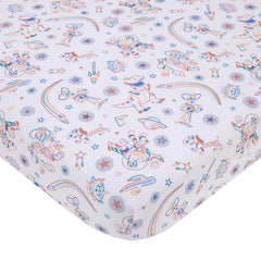 NoJo Disney Toy Story Woody and Buzz crib sheet with secure elastic edges for a snug fit.
