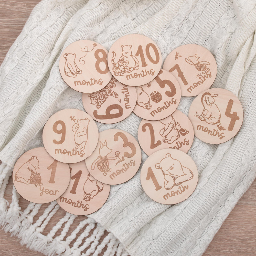 NoJo Winnie the Pooh 6 month card showcases natural wood grain and moments