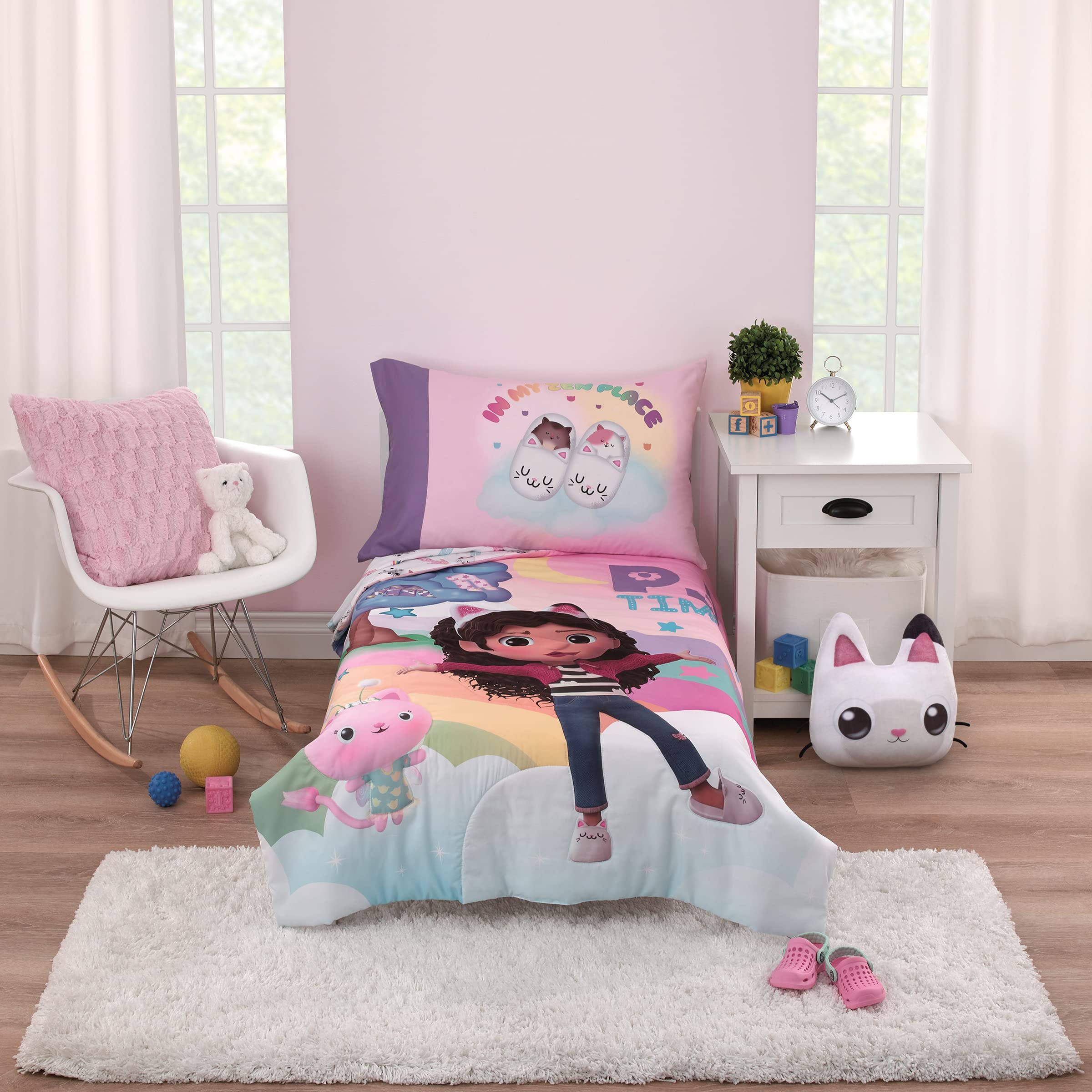 NoJo DreamWorks Gabby's Dollhouse comforter with rainbow clouds for cozy nights.