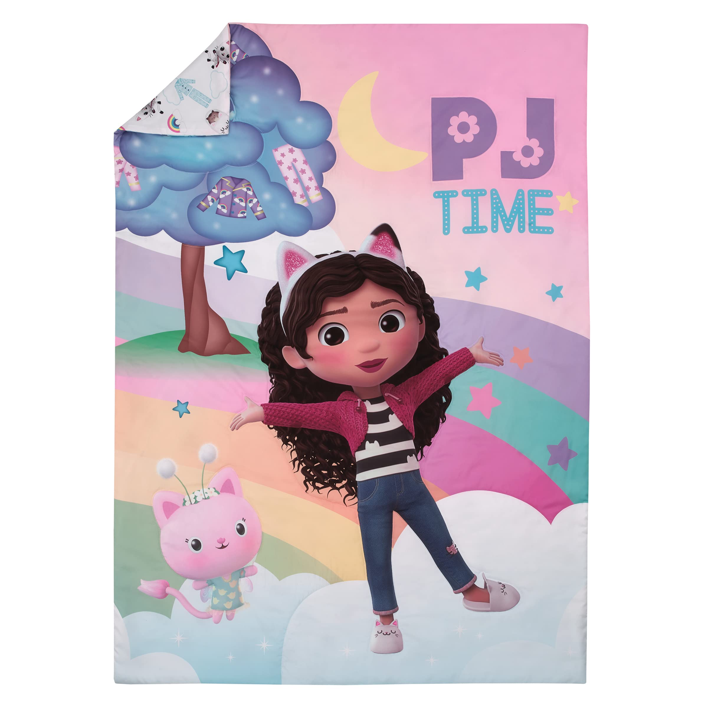 NoJo DreamWorks Gabby's Dollhouse fitted sheet in pajama party print provides secure fit.