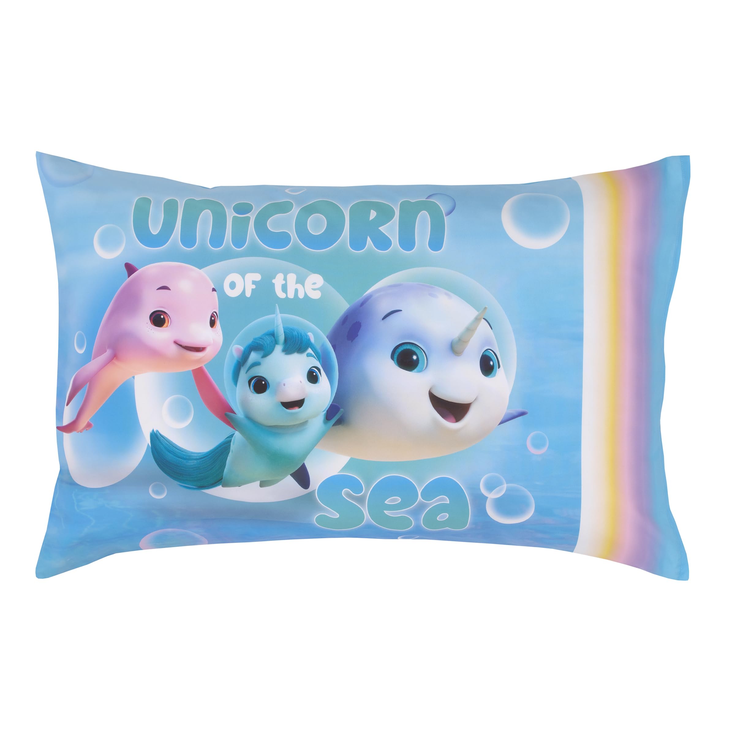 NoJo DreamWorks Not Quite Narwhal pillowcase art with Kelp and sea friends.