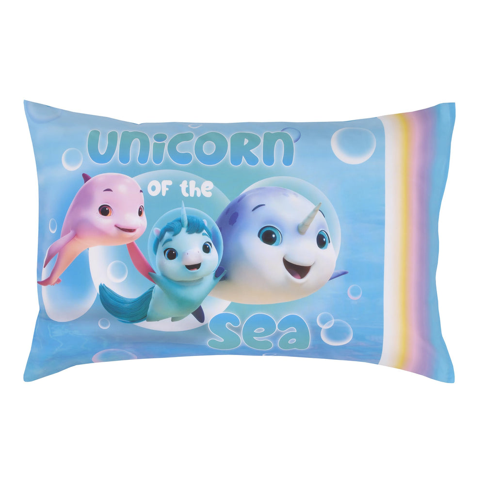 NoJo DreamWorks Not Quite Narwhal pillowcase art with Kelp and sea friends.