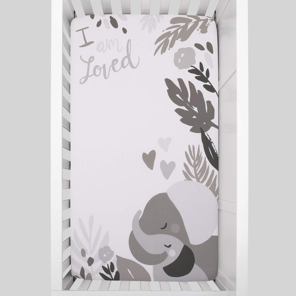 NoJo elastic-all-around fit keeps the sheet snug on standard crib mattresses.