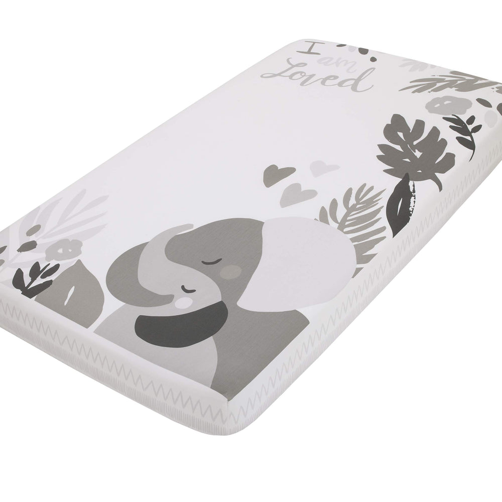 NoJo Elephant Hugs grey and white sheet for cozy photo opportunities.