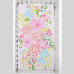 NoJo Floral Burst elastic edge—snug fit around standard crib mattresses for tidy sleep spaces.