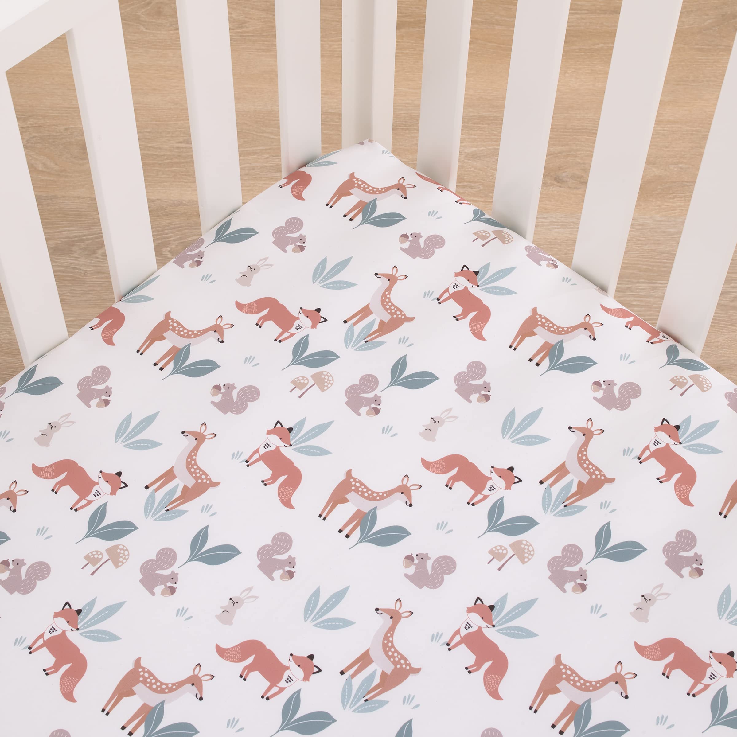 NoJo Little Love forest friends crib sheet in sage with snug elastic fit