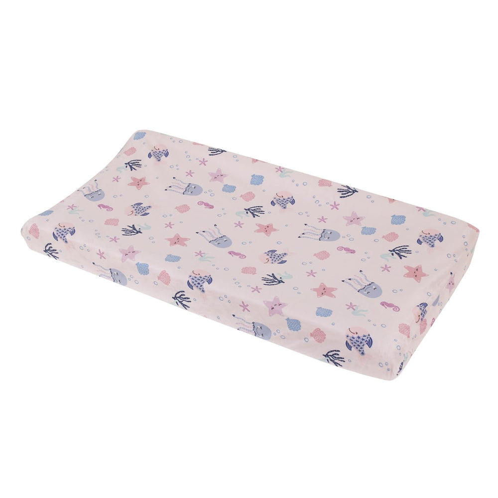 NoJo pink aqua texture on Mermaid Lagoon cover for a cuddly feel.