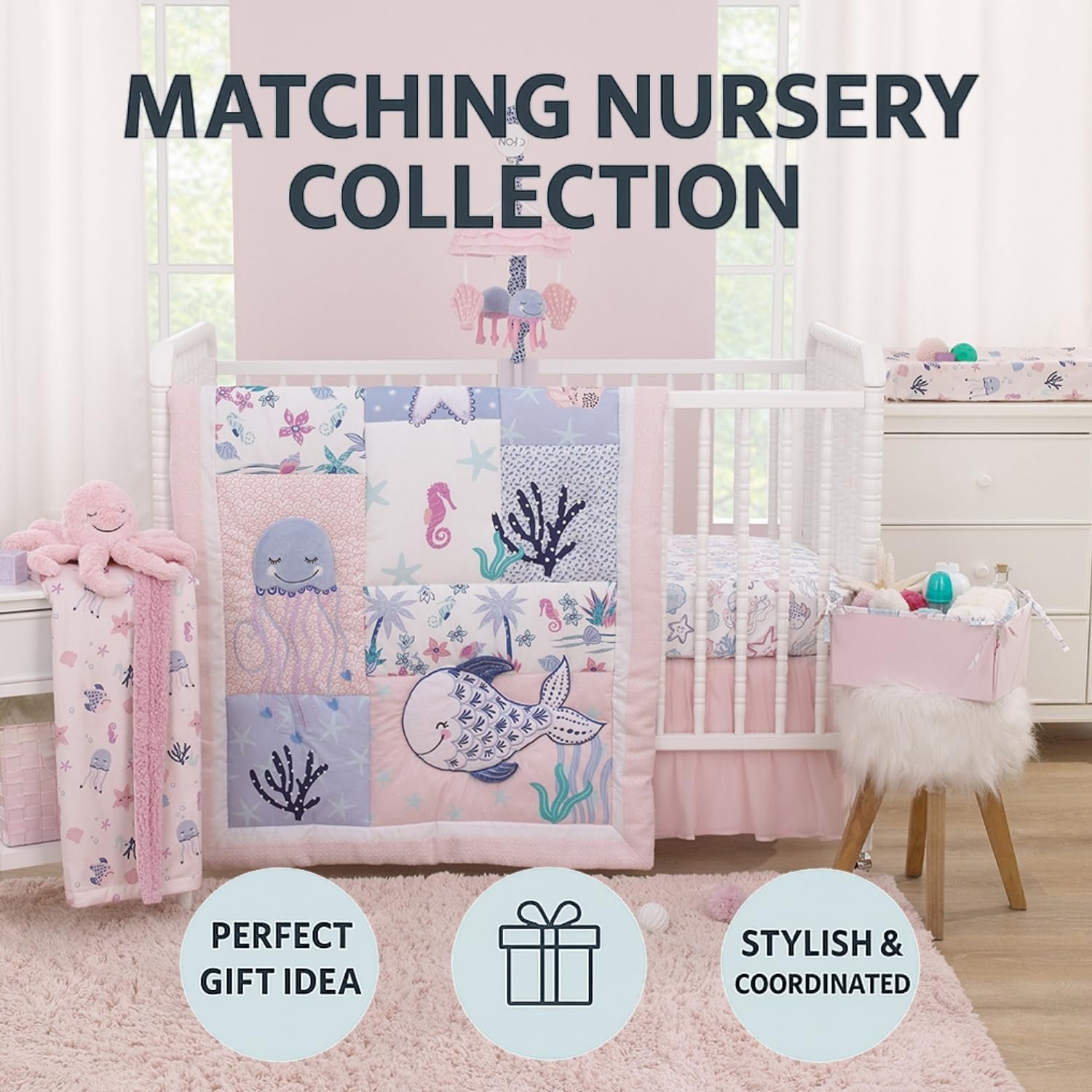 NoJo nursery scene with sea friends print featuring the changing pad cover.