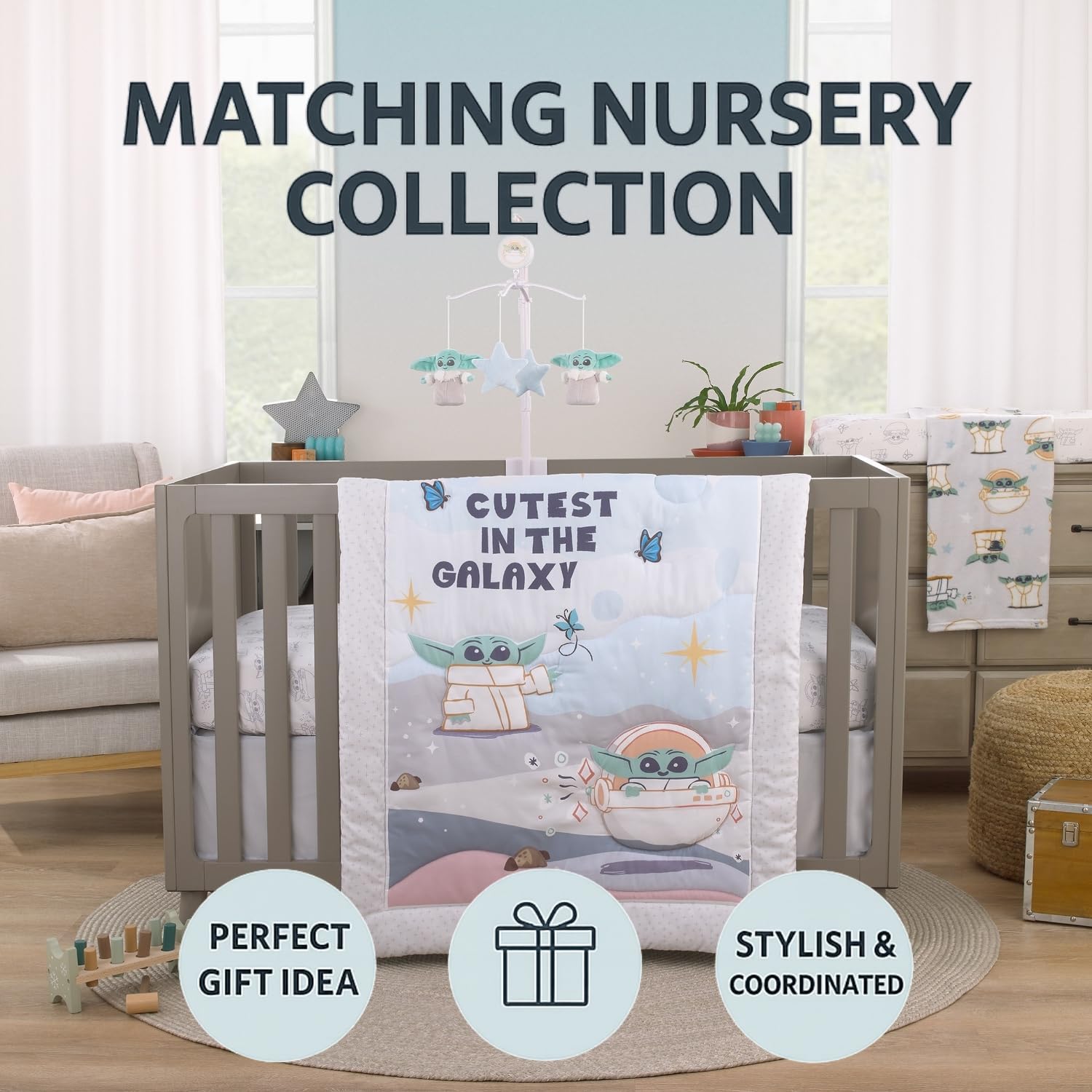 NoJo Star Wars Grogu coordinates with crib bedding for themed nursery aesthetic.