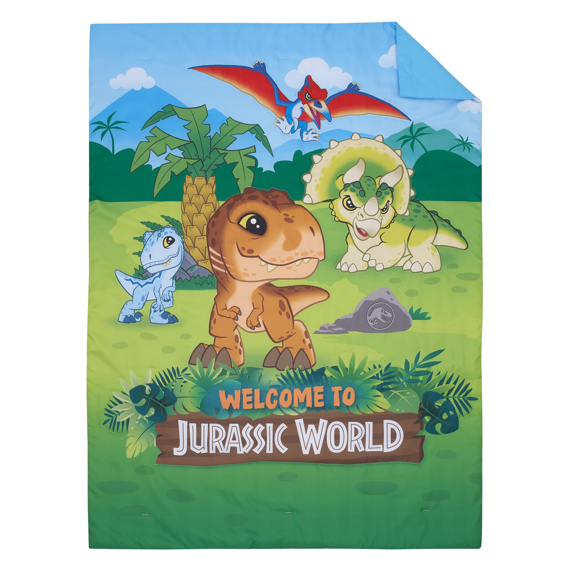 NoJo Jurassic World sheets in bright blue create a playful, restful kid's bed setup