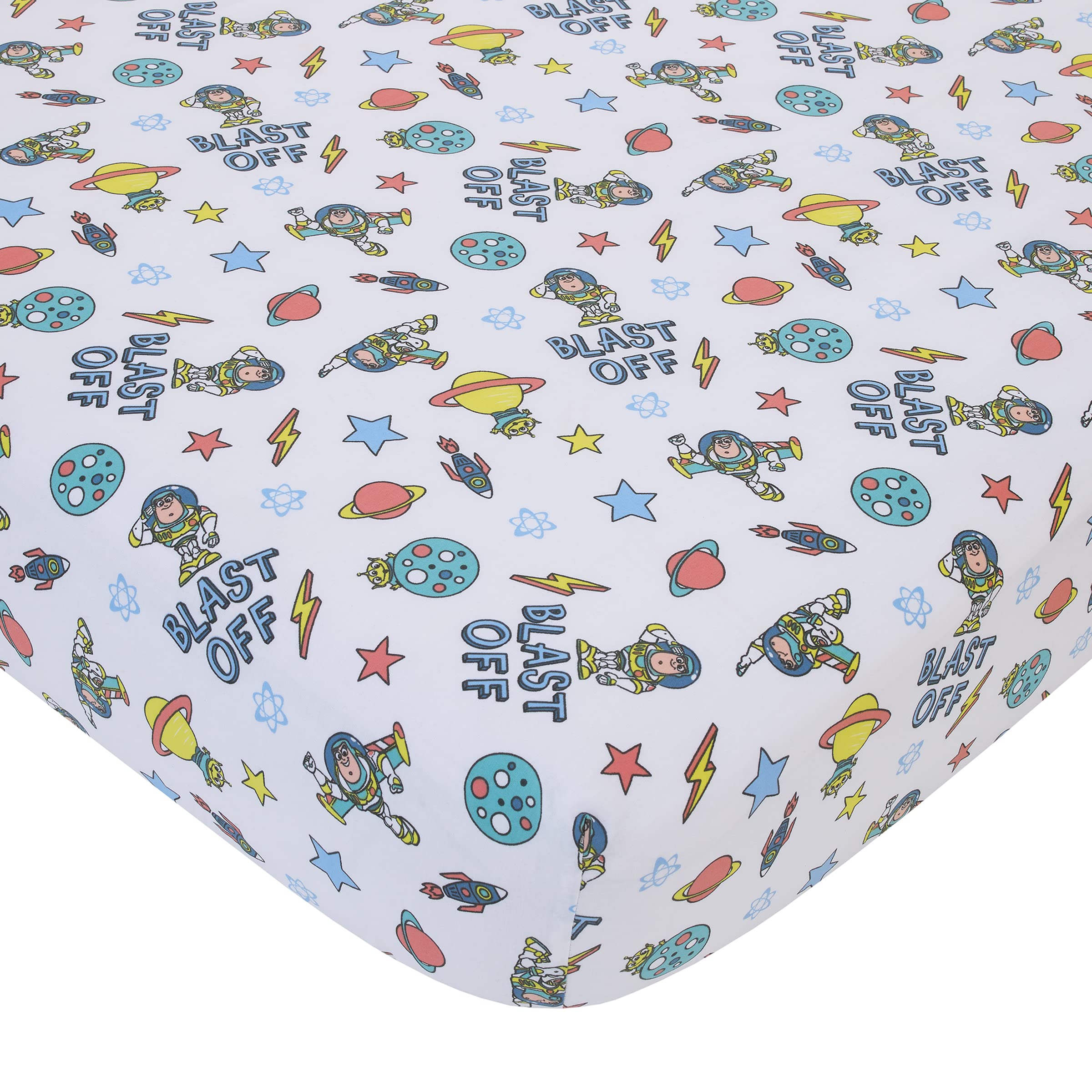 NoJo Buzz Lightyear countdown text on crib skirt adds playful detail.