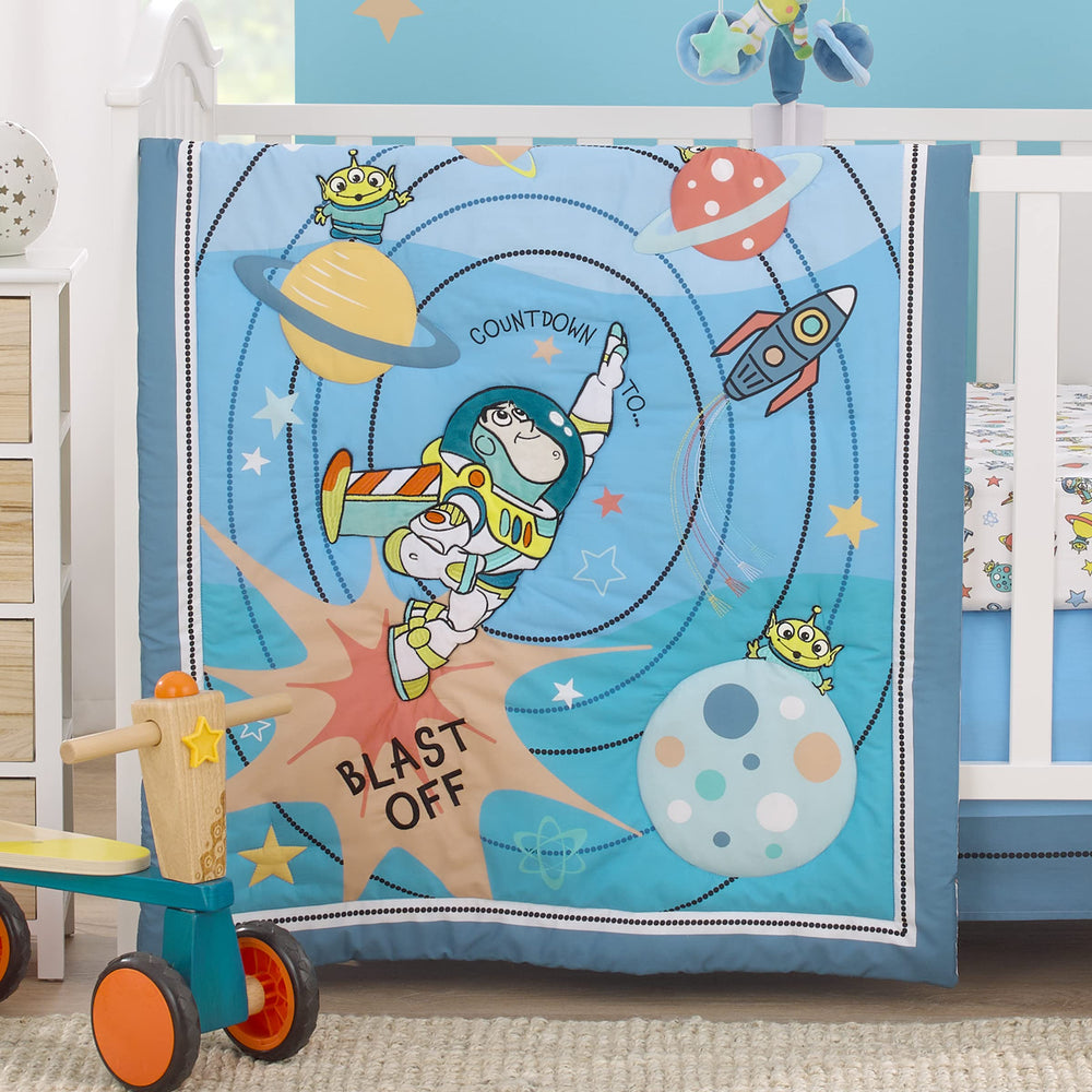 NoJo three-piece set includes comforter, sheet, and crib skirt for simple setup.