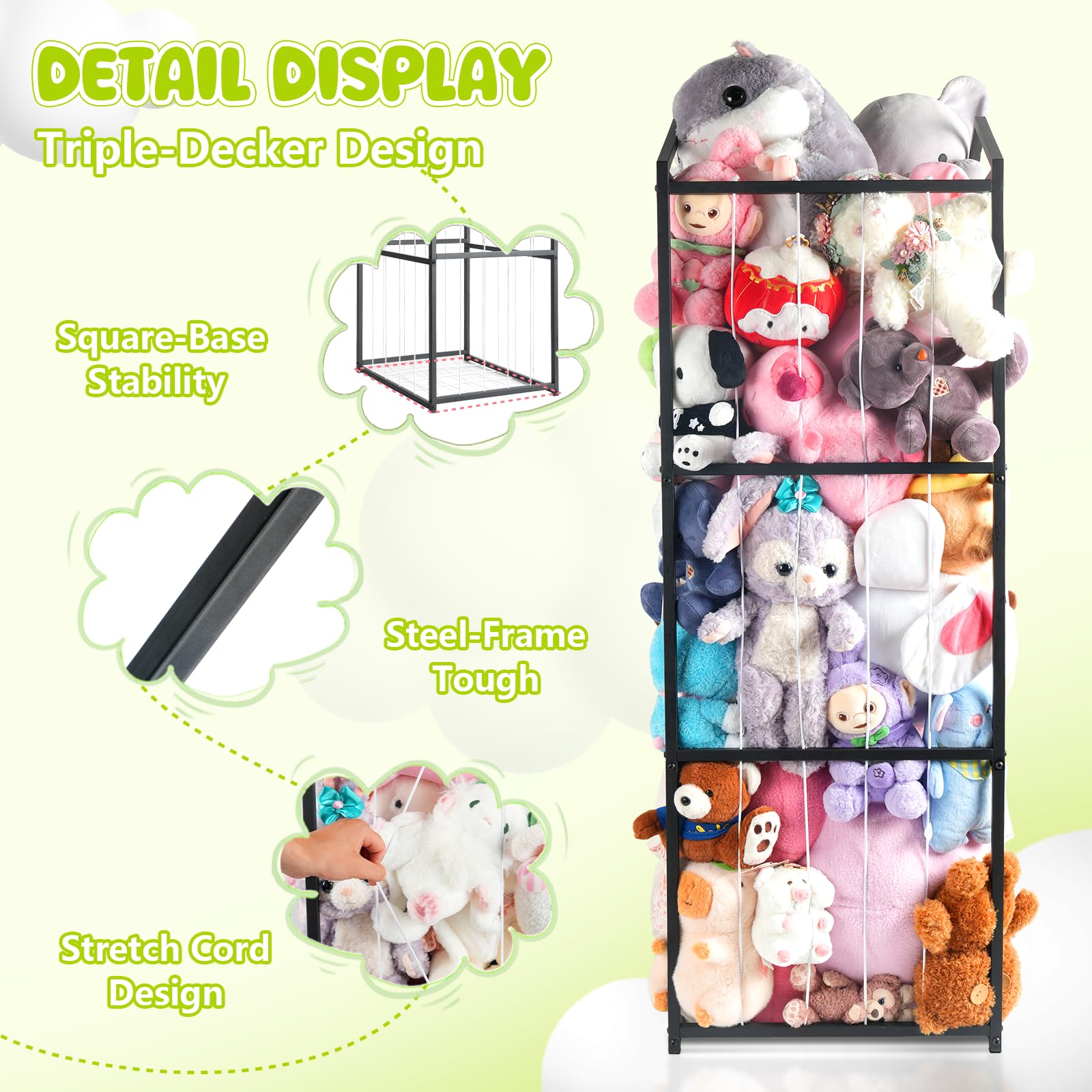 NomNest 3-tier display shelf illustrating visible plush display and clutter reduction