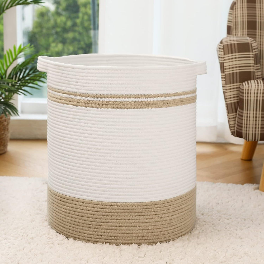 Nonazippy laundry hamper in natural cotton rope with 80L capacity for blankets and towels.