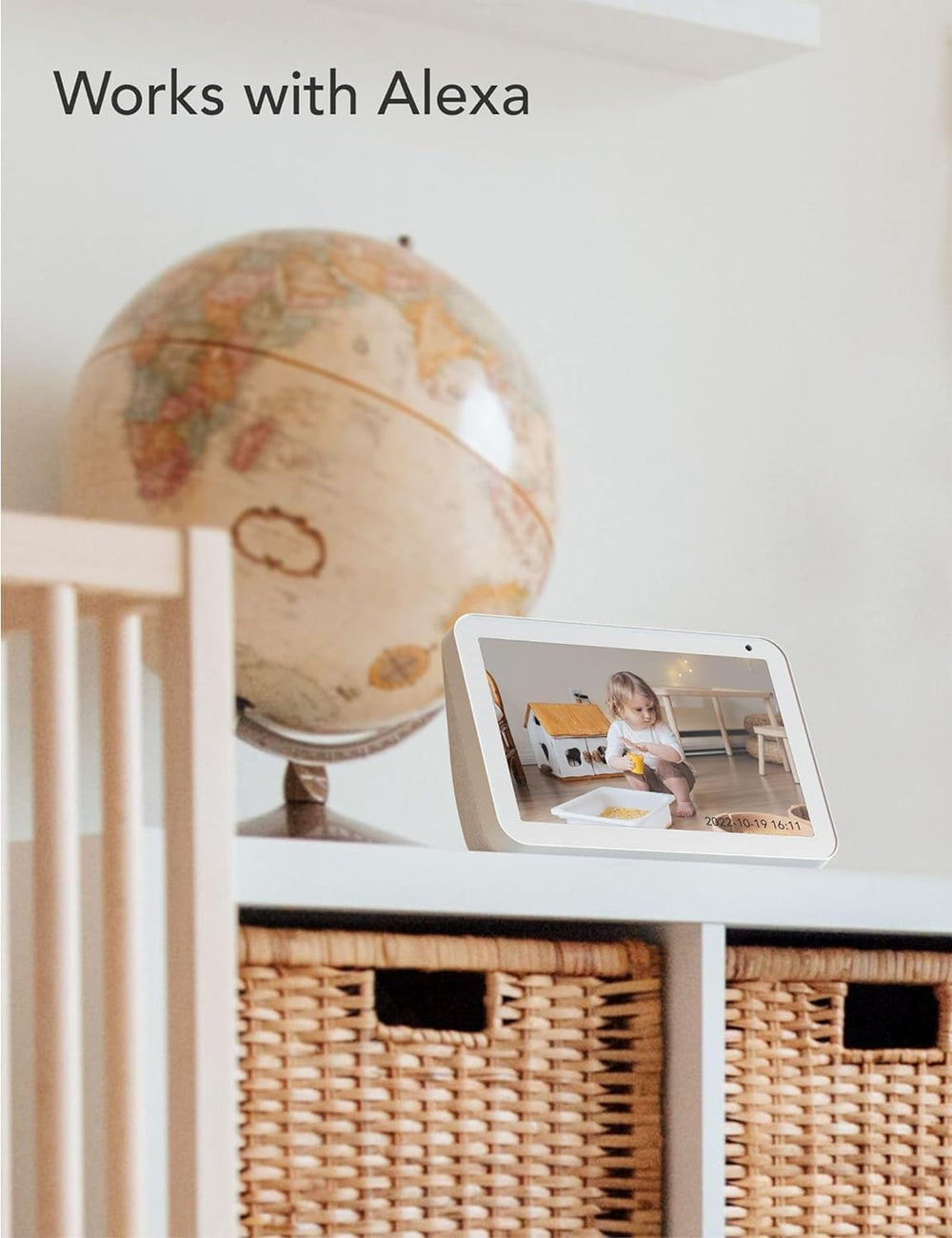 Nooie baby monitor works with Alexa and Google for hands-free viewing.
