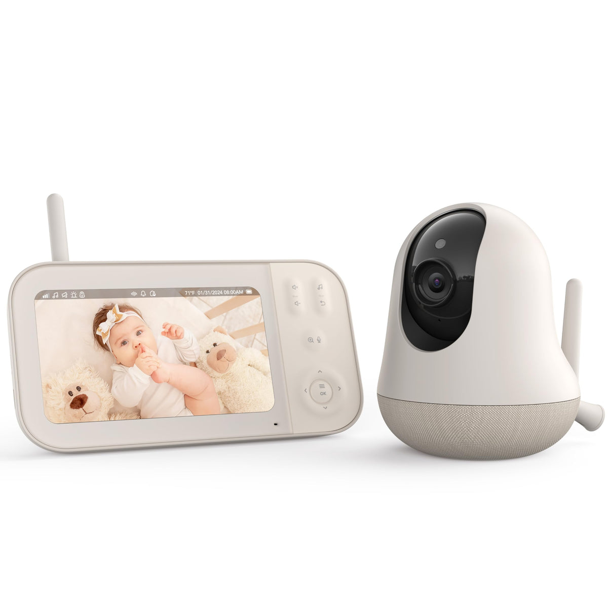 Nooie baby monitor camera front view for stable, hacker-free monitoring.