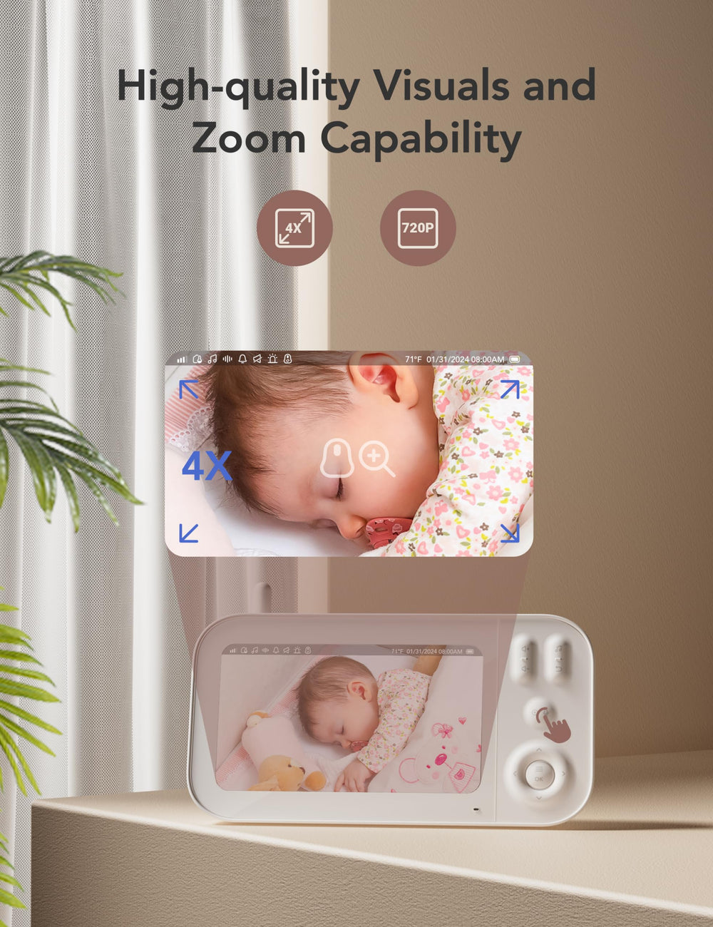 Nooie PTZ control broadens nursery viewing range.