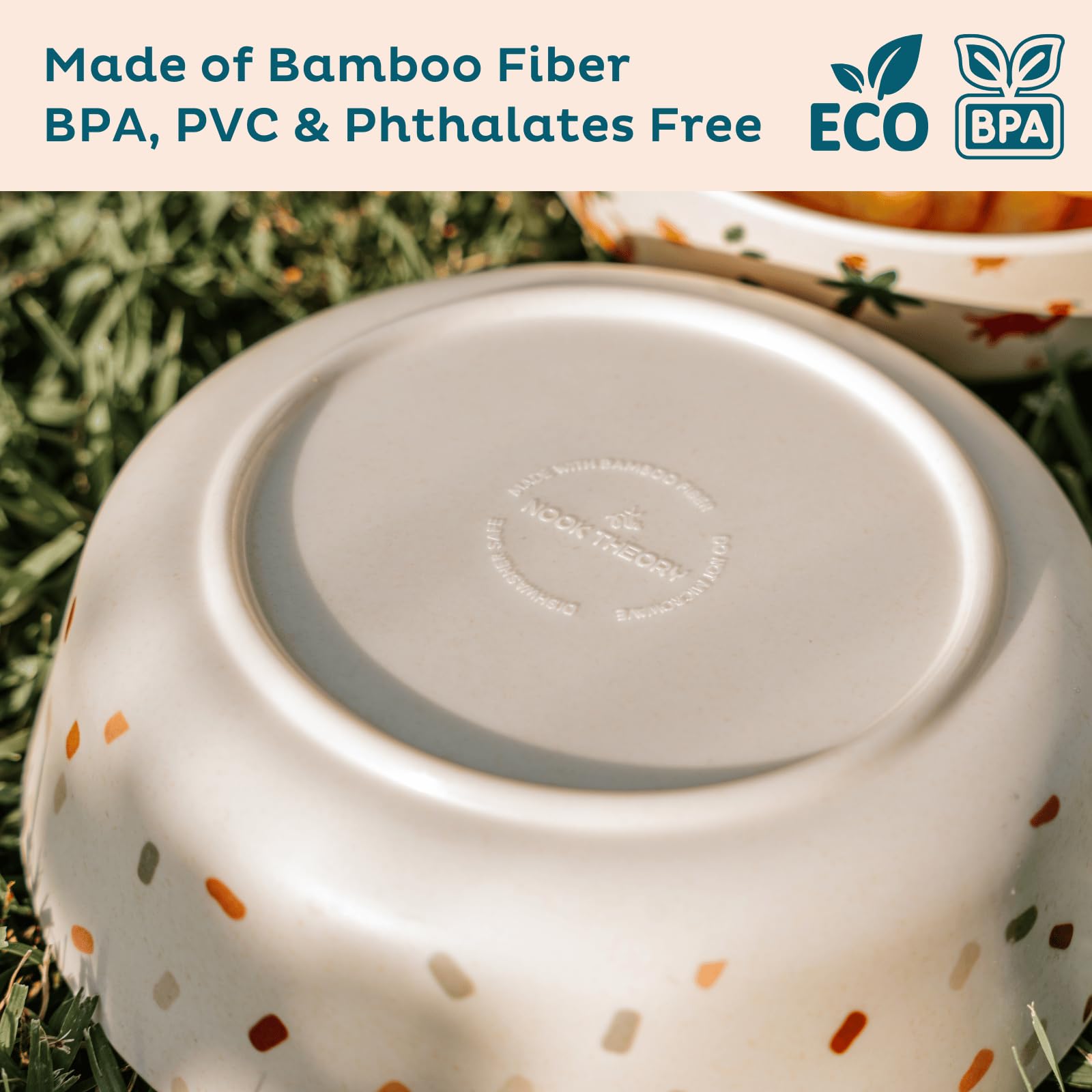 Nook Theory bamboo bowls are dishwasher safe for quick cleanup after toddlers' meals.