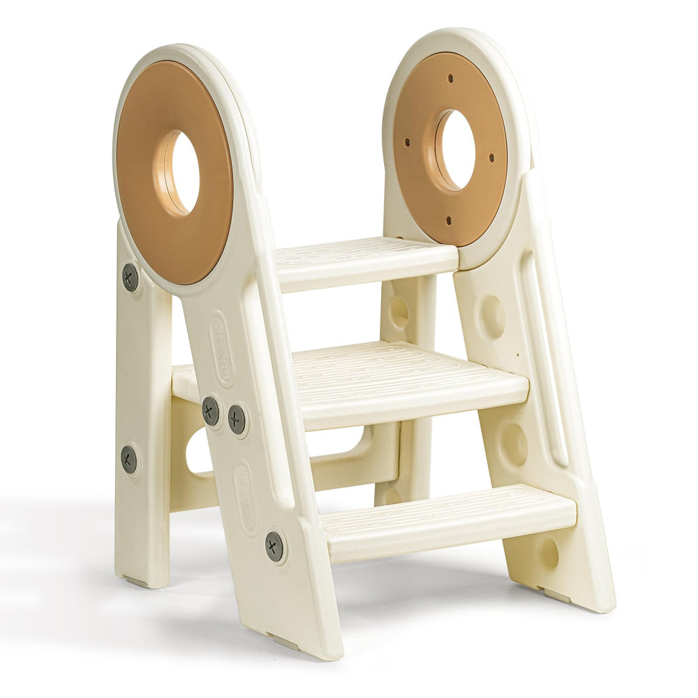 Noonkty 3-step toddler stool in cream helps kids reach sinks safely.