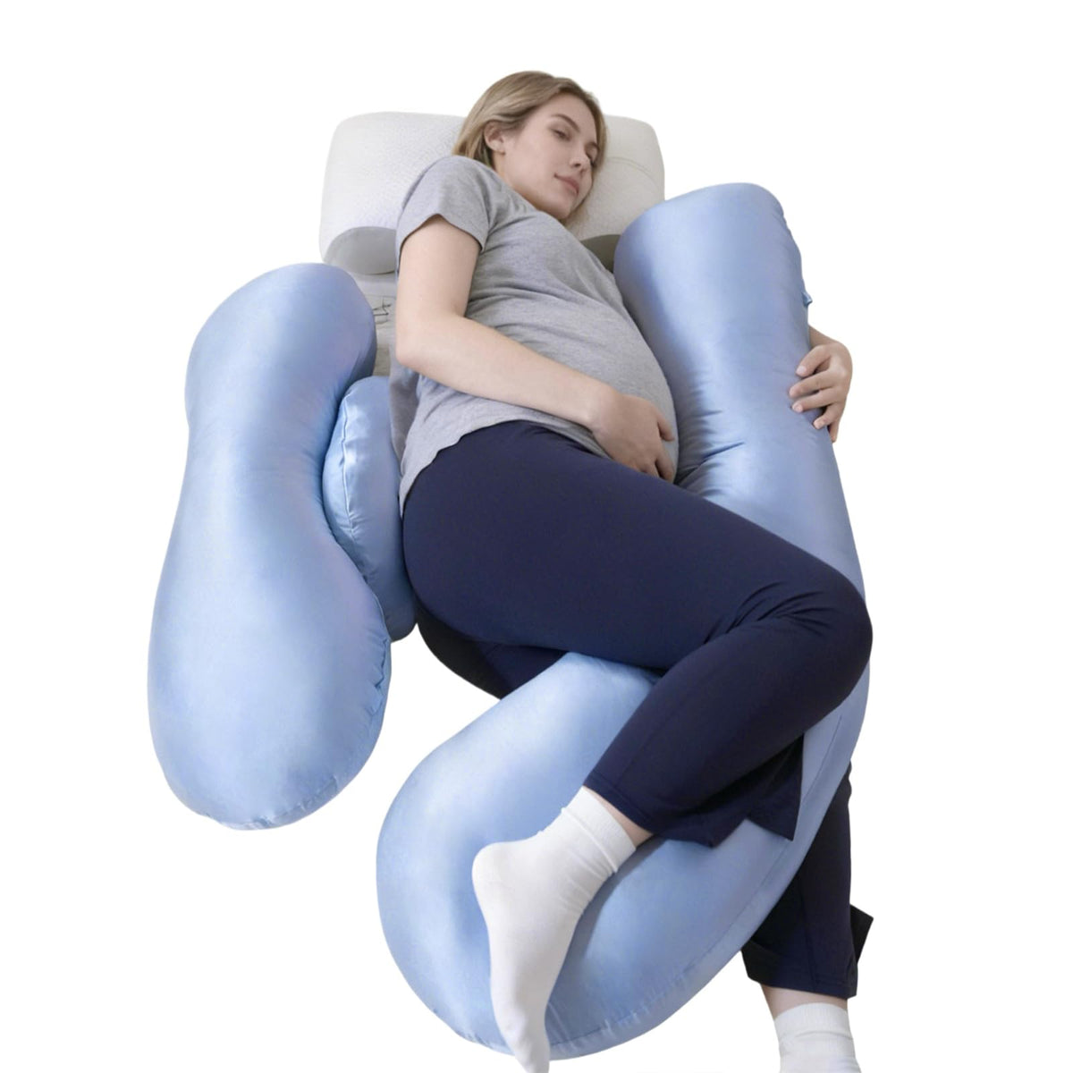 NOONTIDE pregnancy pillow supports side sleeping with adjustable belly and back comfort.