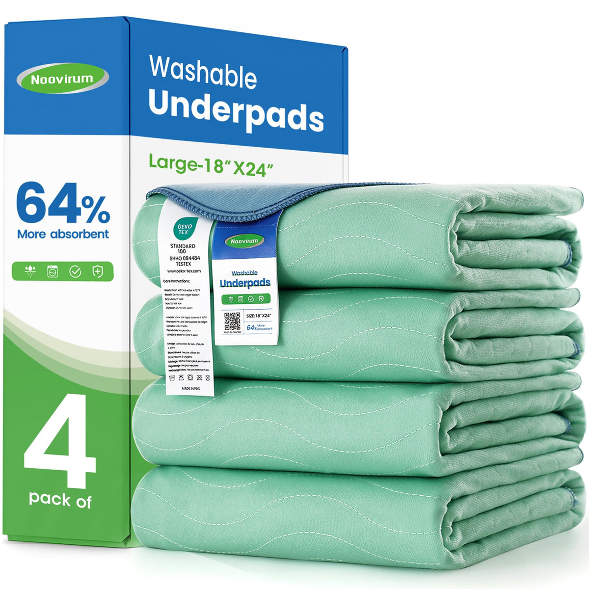 Noovirum Washable Underpads 18x24 pack4 showing waterproof protection and dry surface benefits
