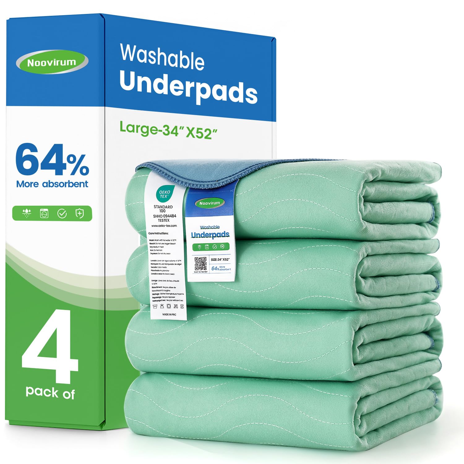 Noovirum washable underpads on bed, protecting against leaks.