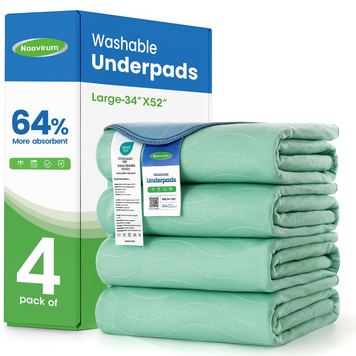 Noovirum washable underpads on bed, protecting against leaks.