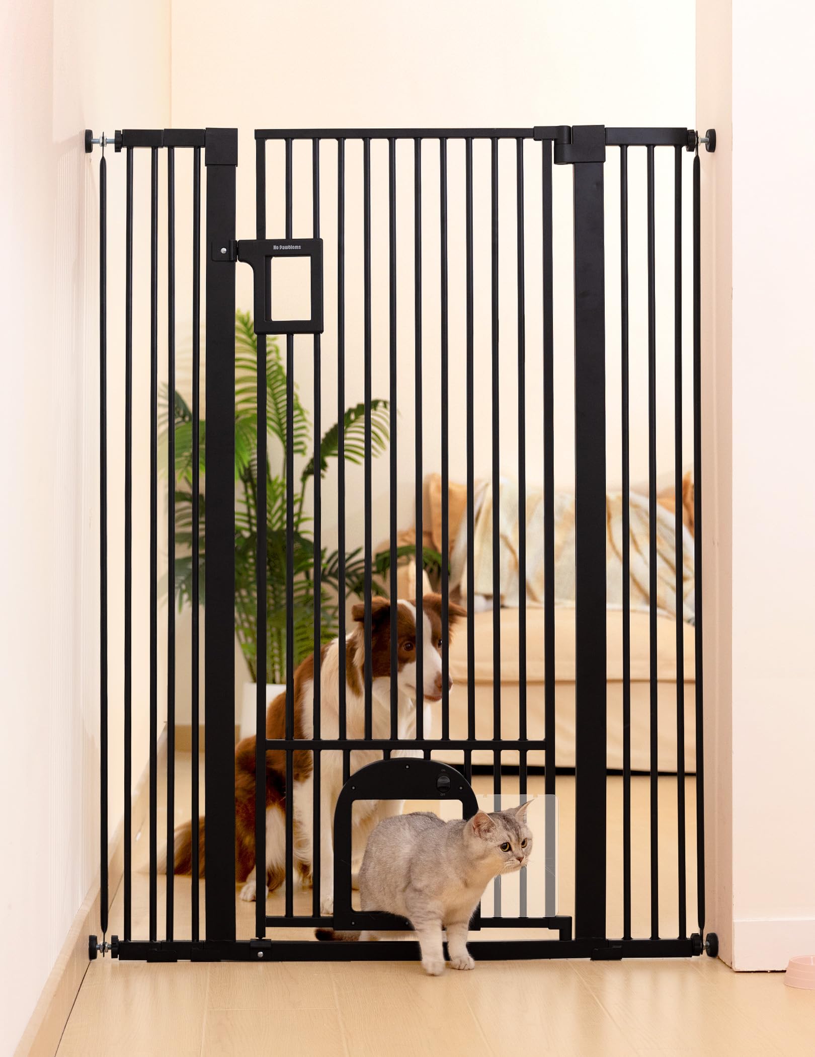 No Pawblems 55-inch gate front view showing tall height to deter jumping.