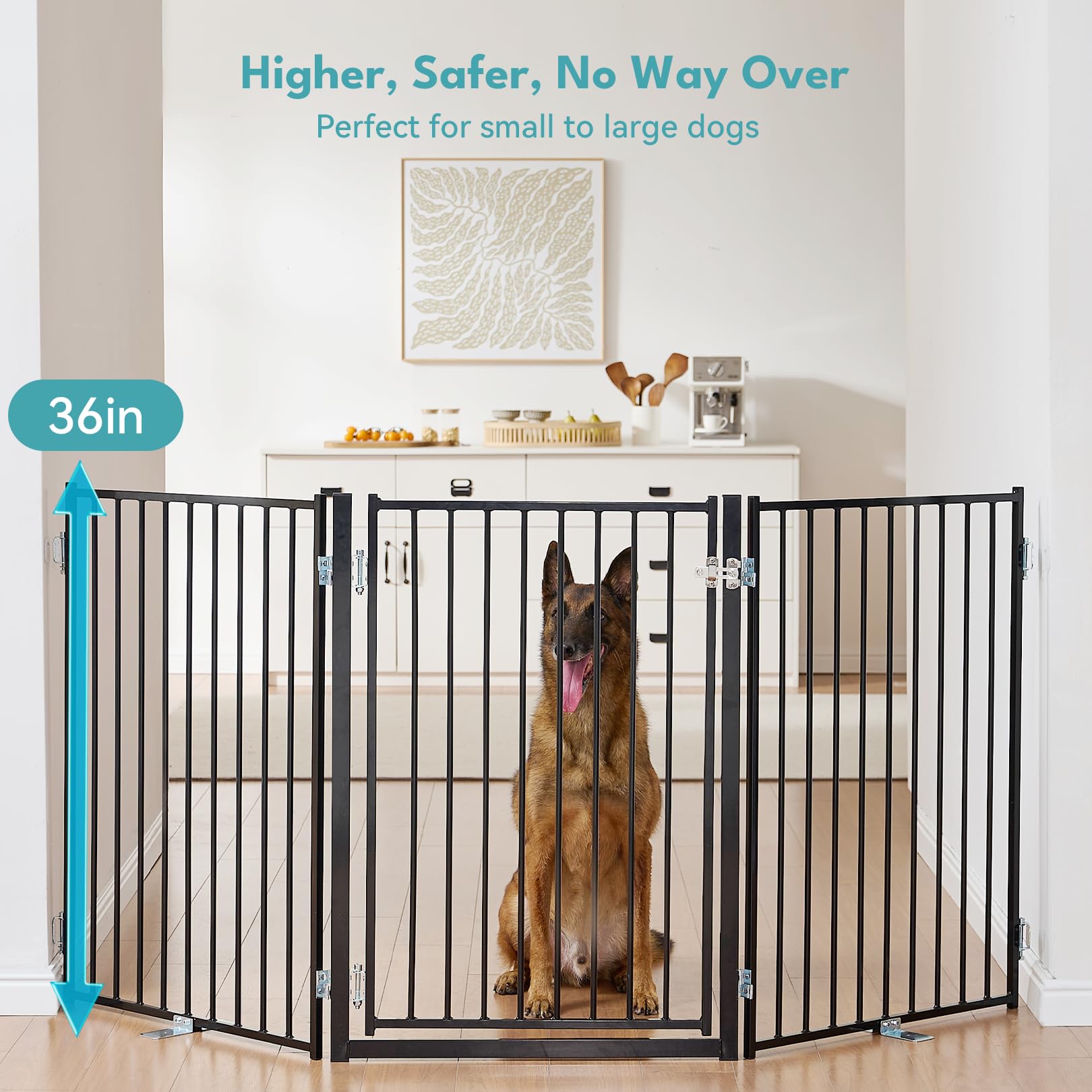 No Pawblems dog gate expands up to 104 inches wide for open-plan areas.