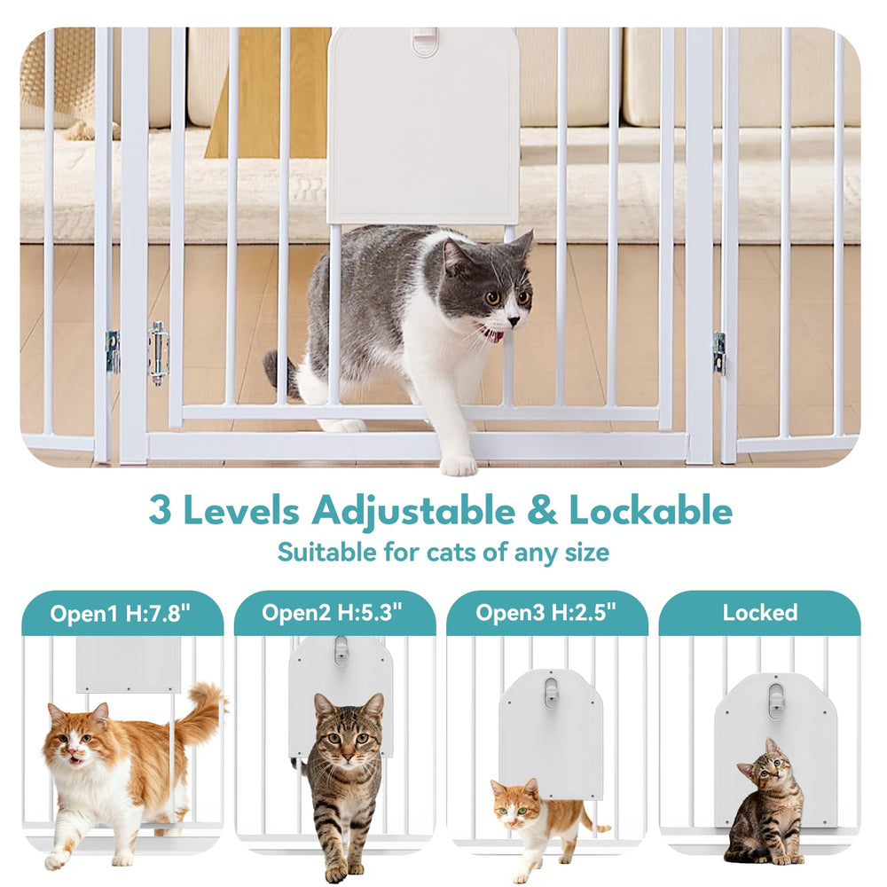No Pawblems dog gate with walk-through door and cat access window.