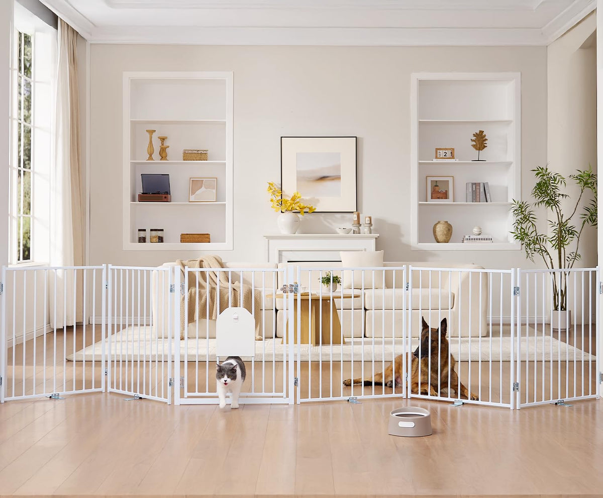 No Pawblems free standing dog gate with cat door demonstrates a sturdy metal frame for versatile indoor use.