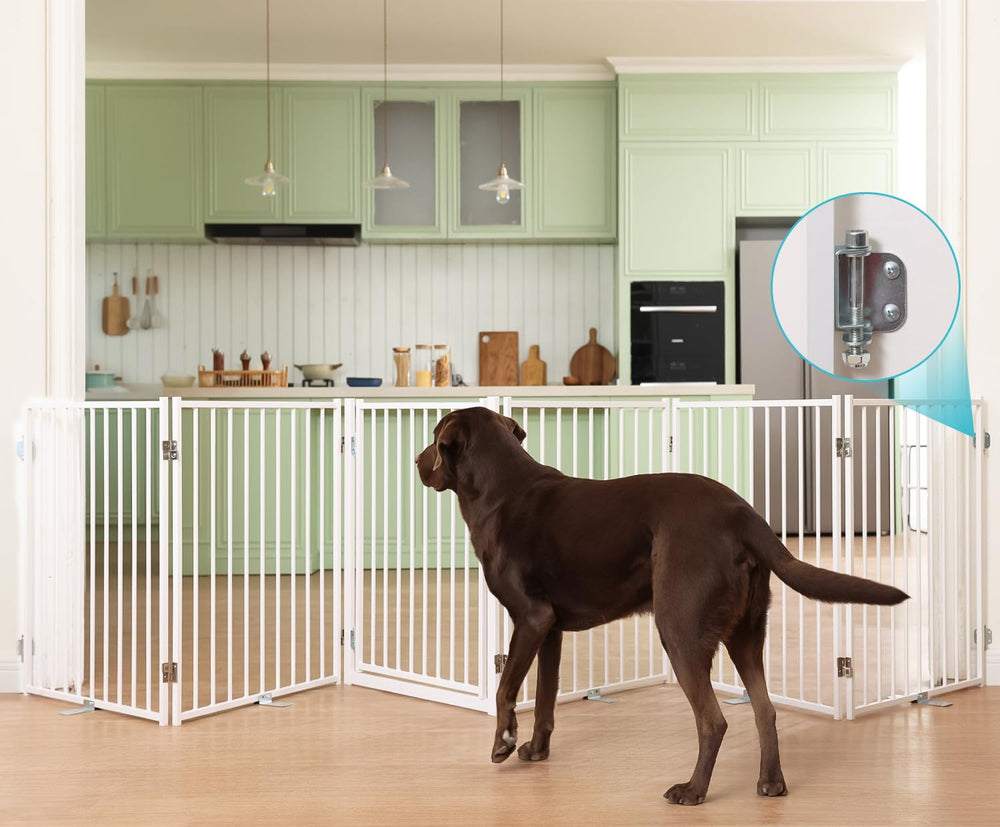 No Pawblems free-standing dog gate with door blocks stairs safely.