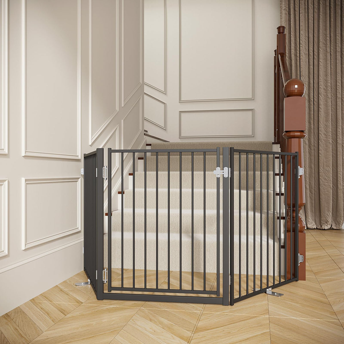 No Pawblems free-standing gate setup safeguards stairs and doorways.