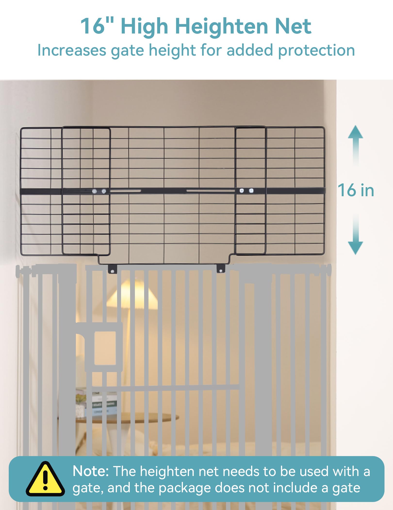 No Pawblems top extension for gates shown in black, compatible with 26–42 inch widths