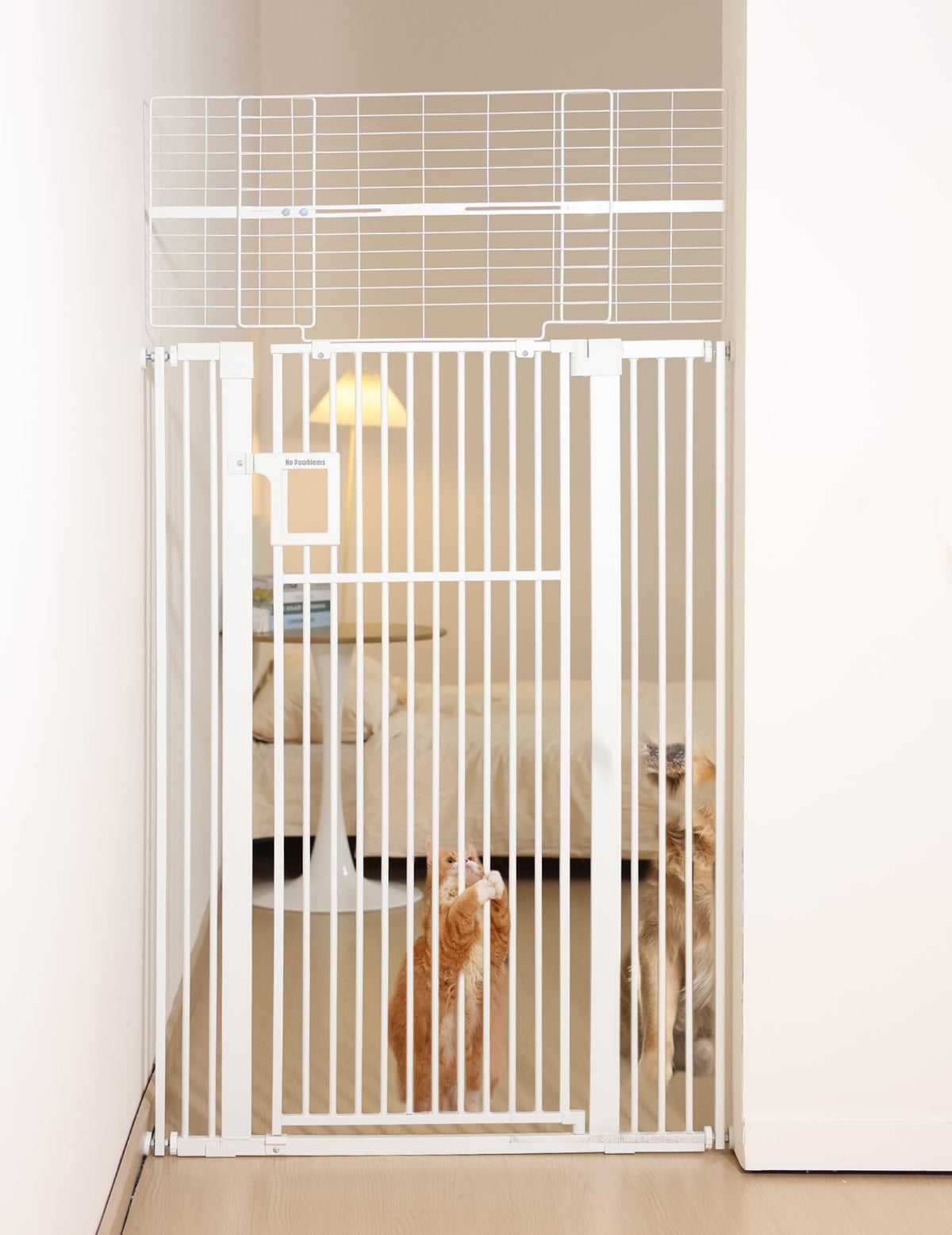 No Pawblems 71-inch gate extended height blocks jumpers in stairs and doorways