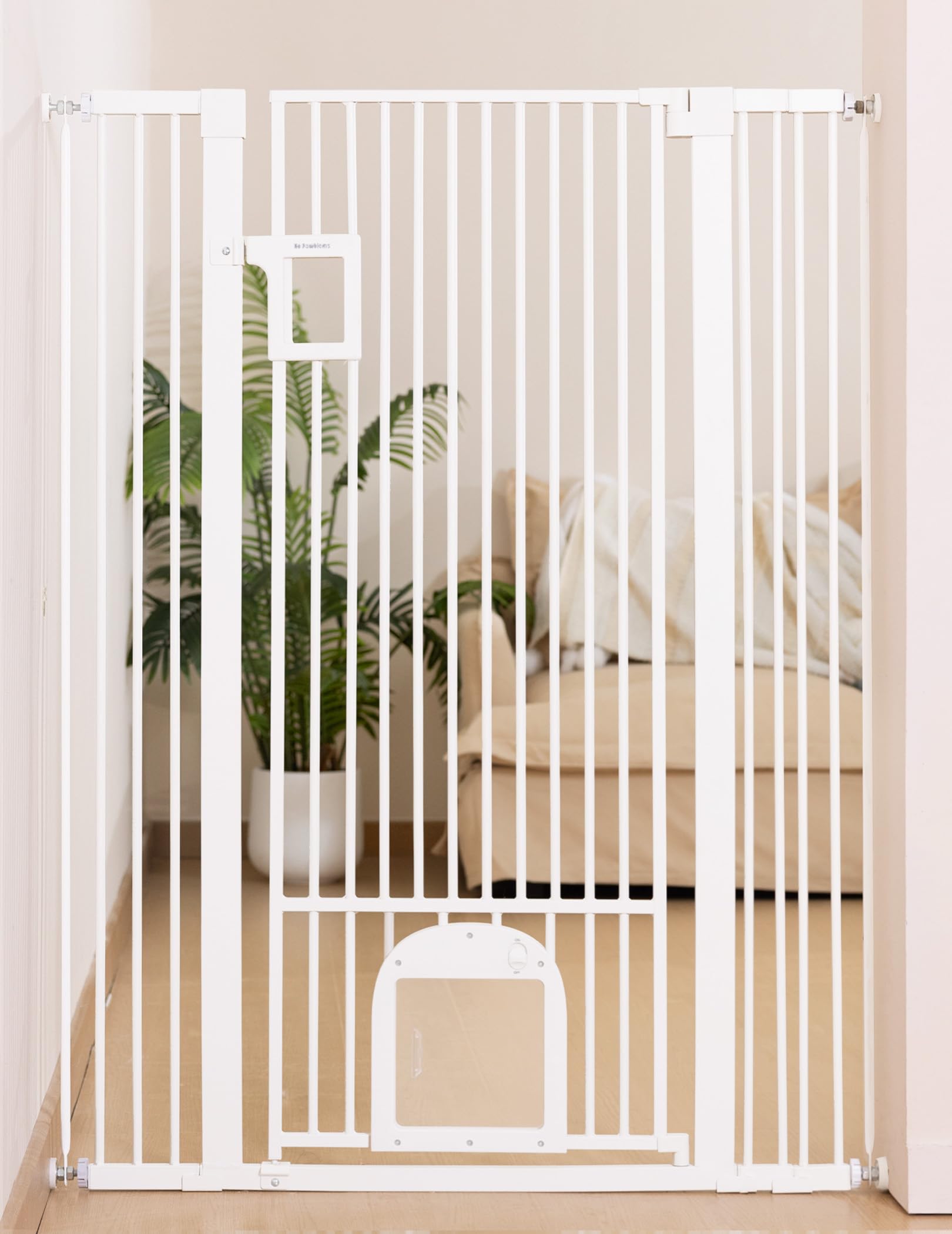 No Pawblems white finish gate closeup highlighting smooth frame