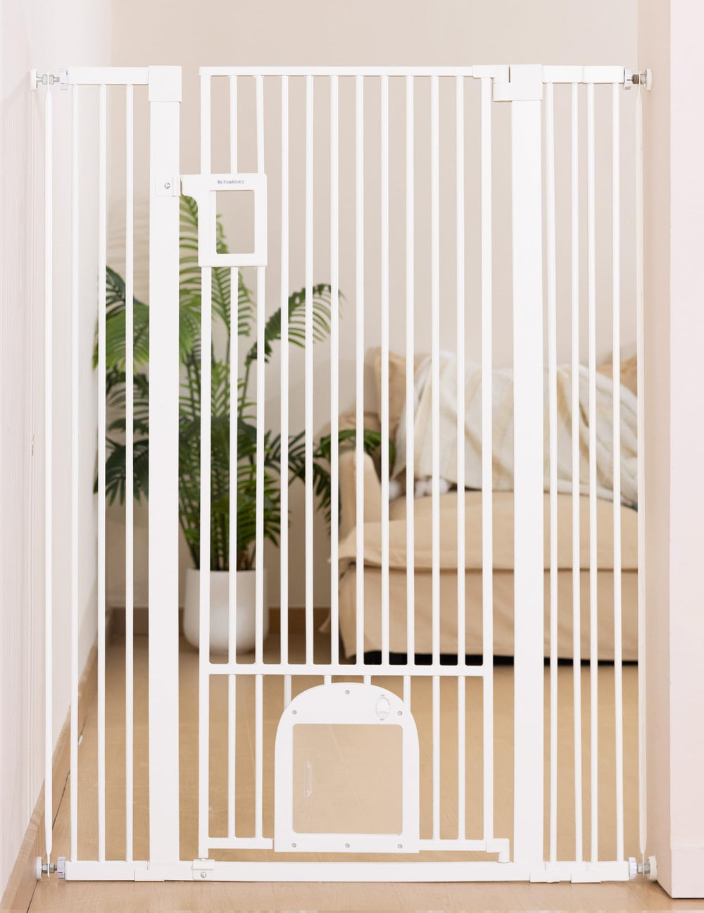 No Pawblems white finish gate closeup highlighting smooth frame