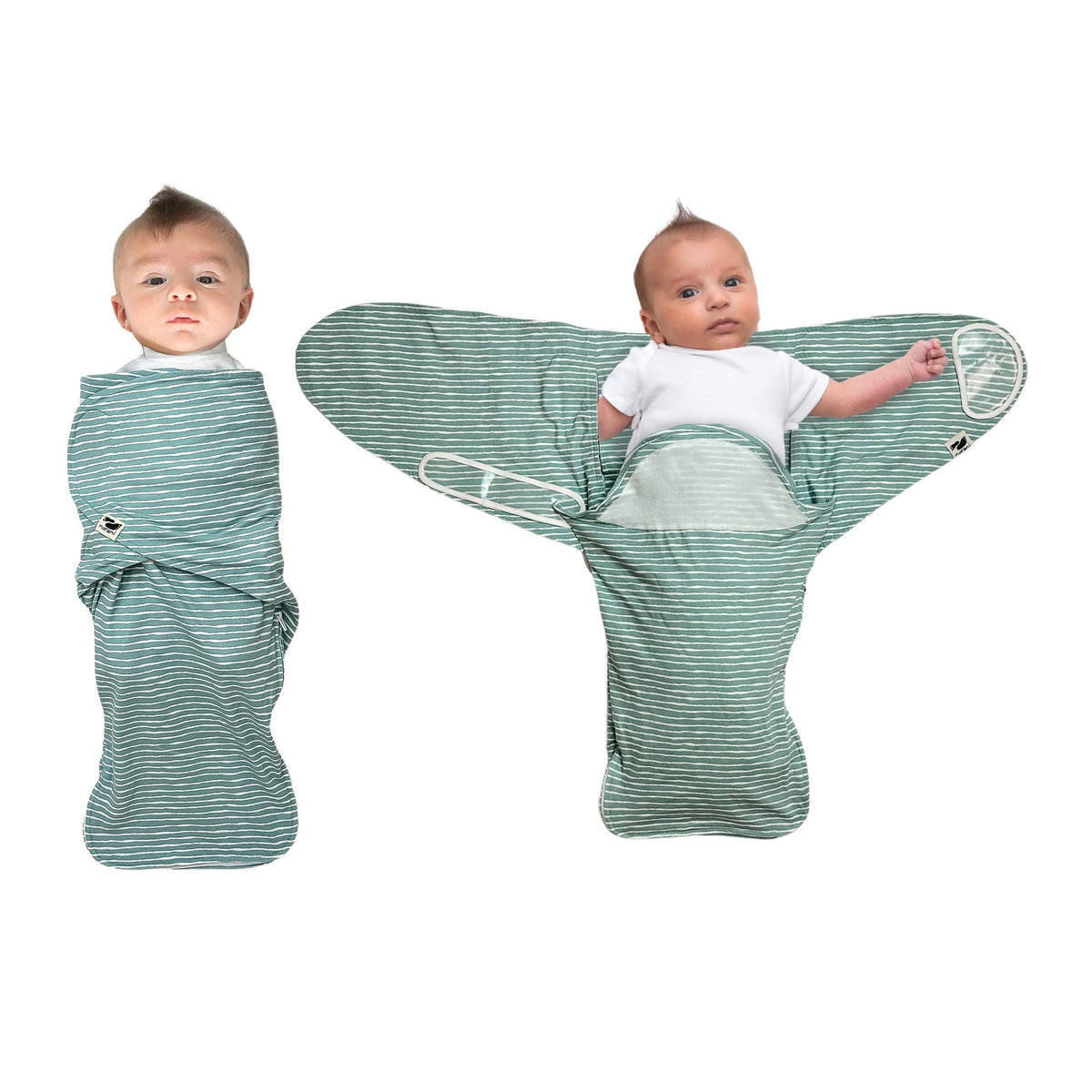 Norani Snugababe Swaddle Pod in green stripes fits snugly on a sleeping newborn for soothing sleep.