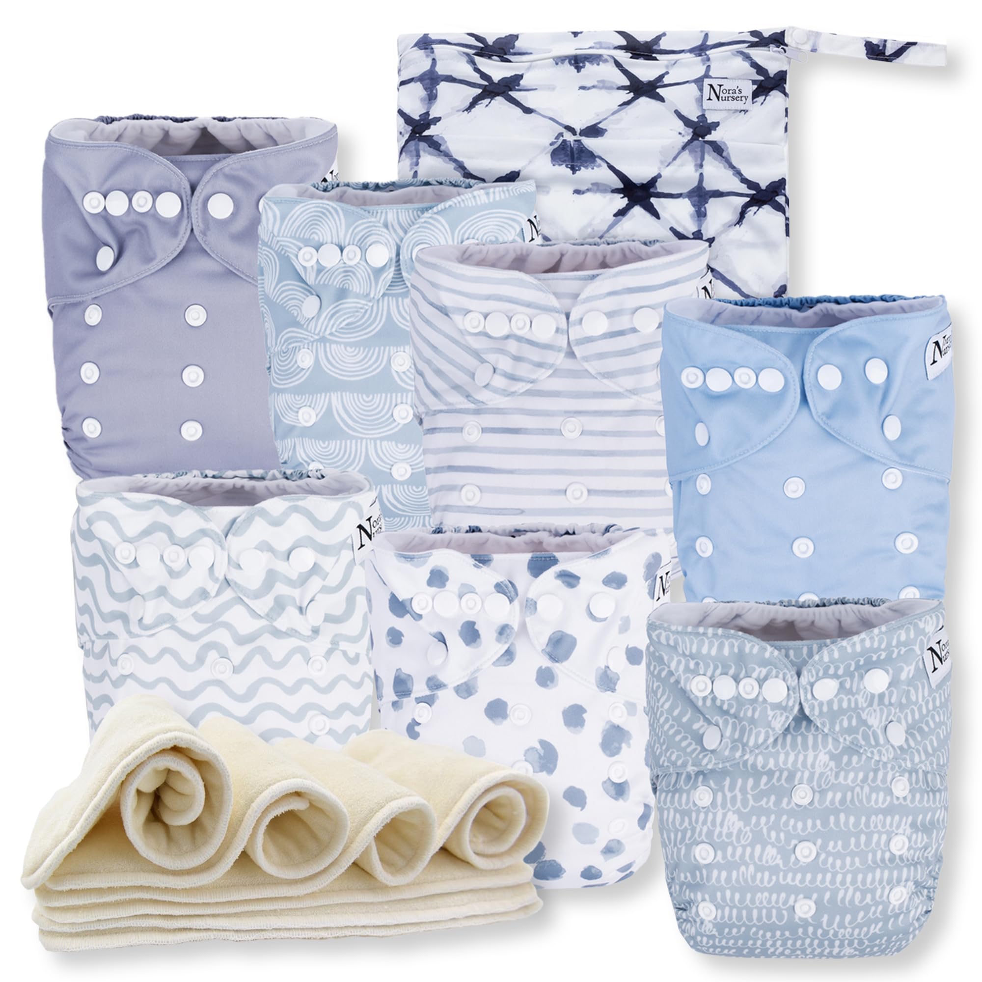Nora's Nursery 7-pack cloth diapers with adjustable fit from 10 to 35 pounds.