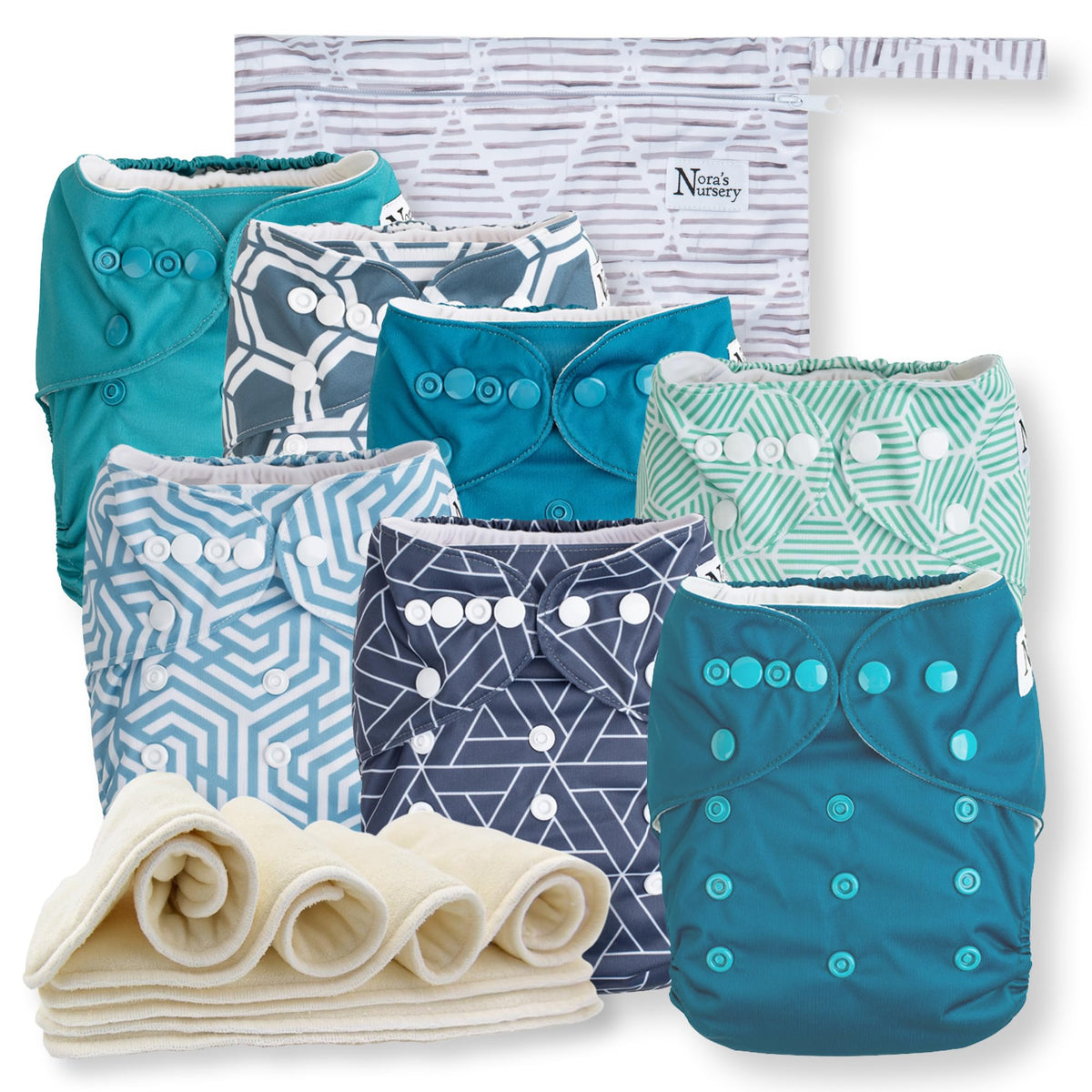 Nora's Nursery 7-pack cloth diapers in Dimensional Blues with adjustable fit.